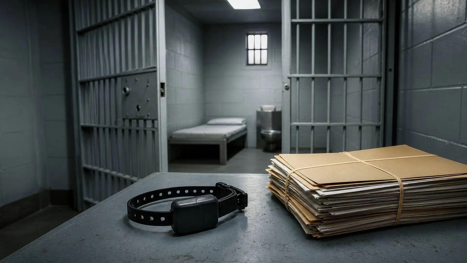 Enkelband en stapel dossiers voor een lege gevangeniscel met open deur, symbool voor het falen van justitie