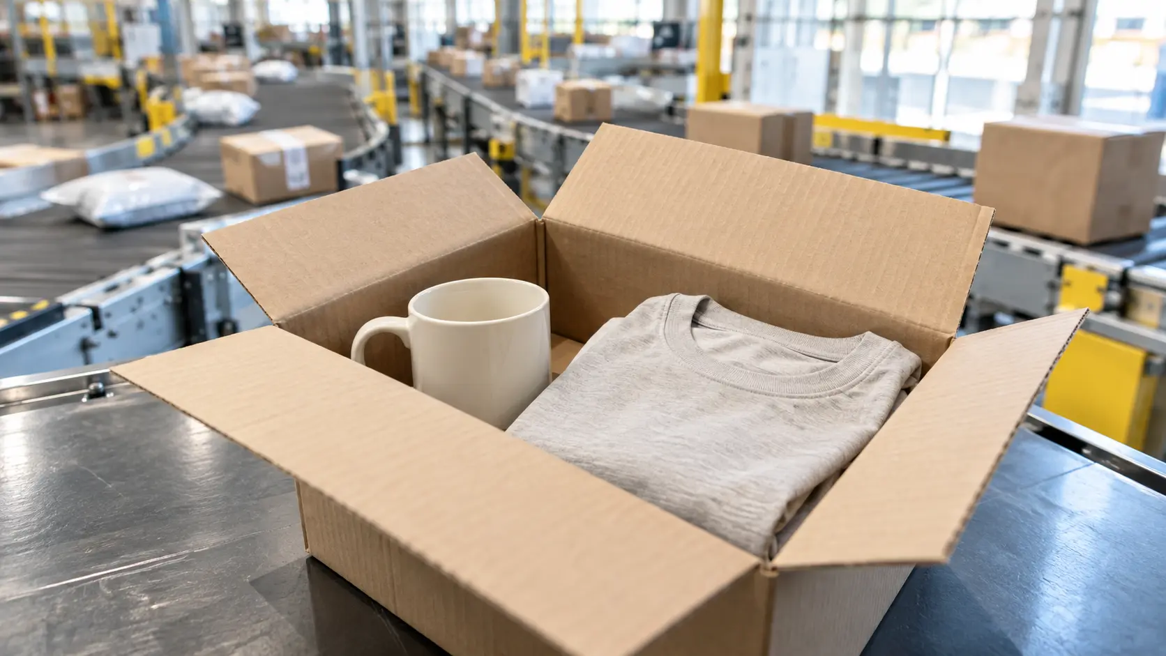 Een pakket met verschillende producten in een distributiecentrum bij de nieuwe importheffing.
