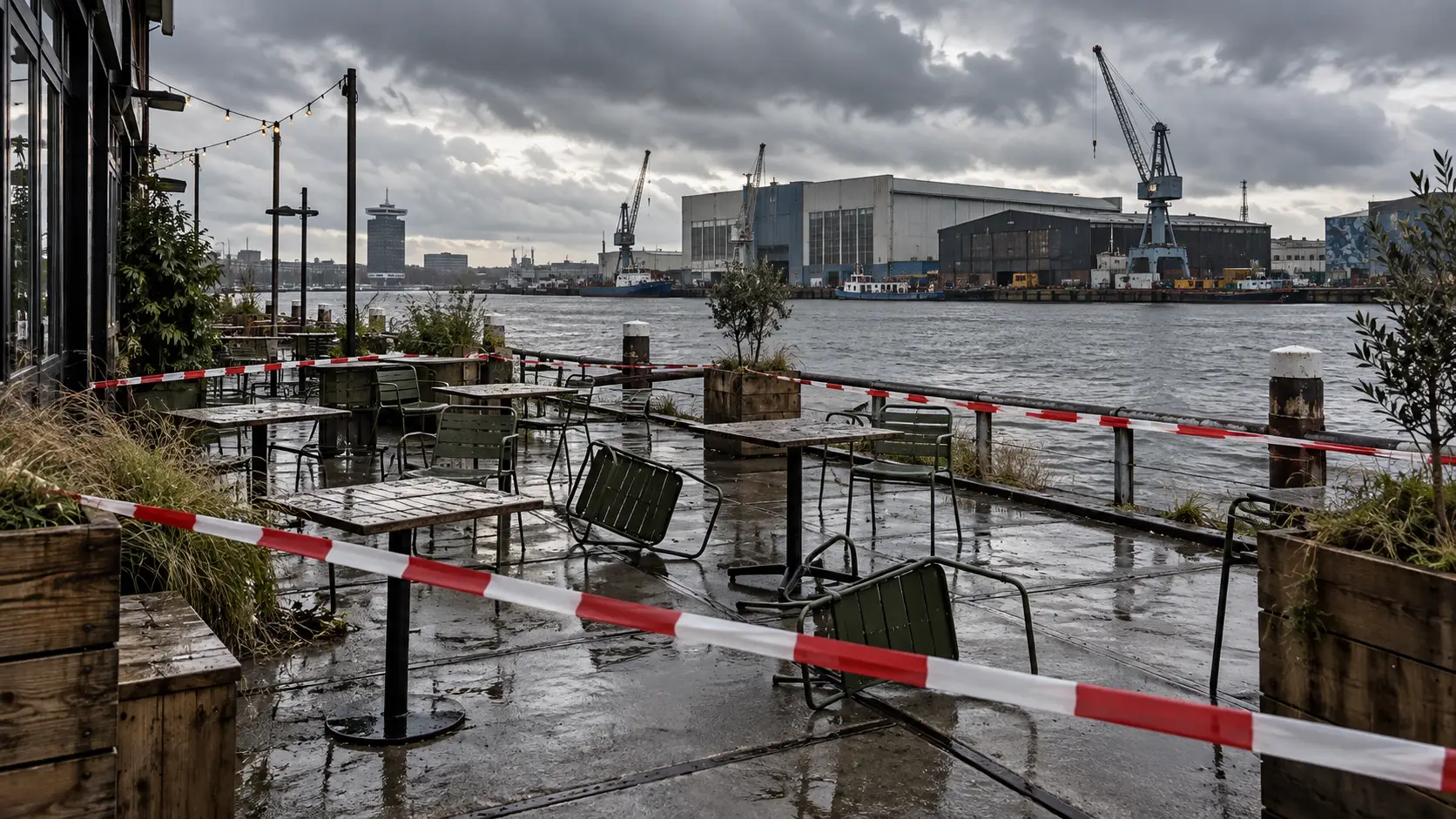 Leeg terras aan het water in Amsterdam-Noord met politielint, omgevallen stoelen en industriële loodsen op de achtergrond