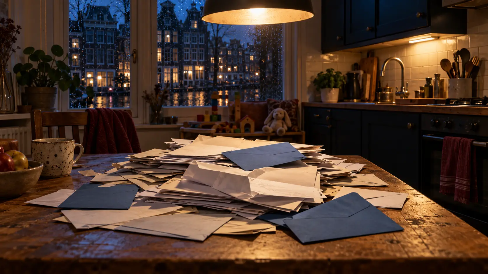 Stapel aanmaningen op een keukentafel in een Amsterdamse flat, symbool voor gezinnen met problematische schulden