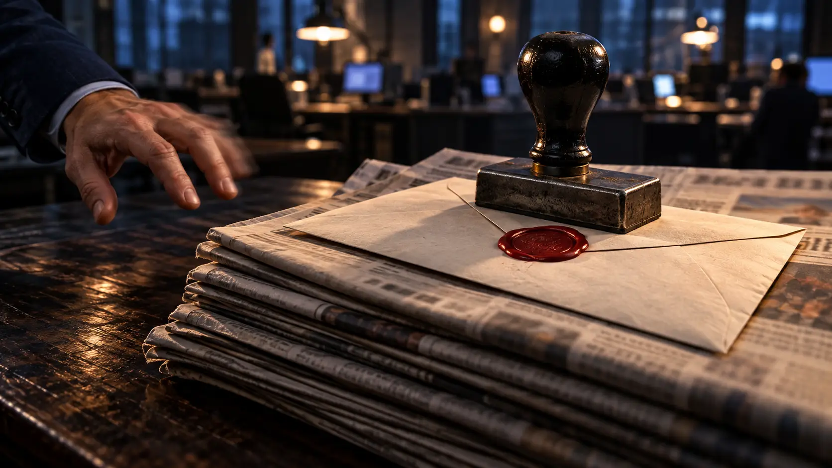Zware stempel en rood verzegelde envelop op een stapel kranten, terwijl een journalist zijn hand terugtrekt.