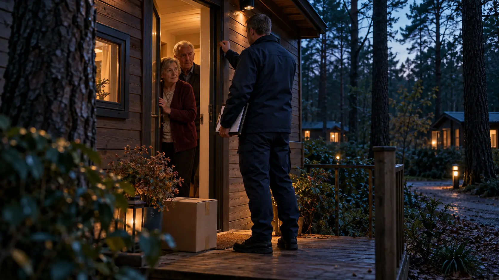 Handhaver klopt aan bij een vakantiechalet, waar een ouder stel bezorgd in de deuropening staat naast een verhuisdoos.