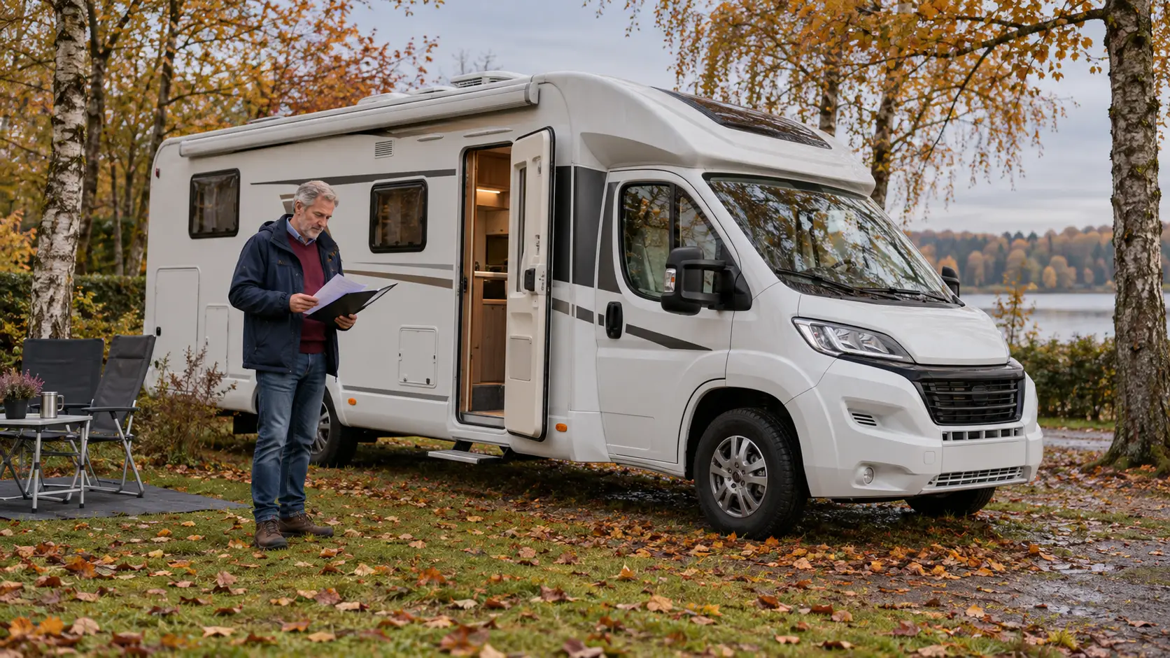 Man van in de zestig bij een witte camper op een camping, met een map papieren