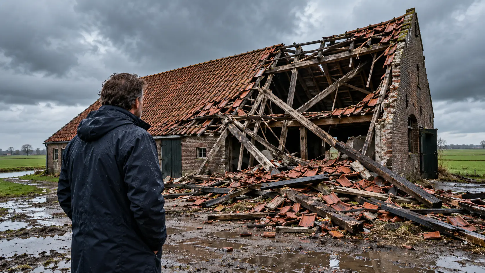 Man bekijkt een ingestort schuurdak na een storm op het platteland