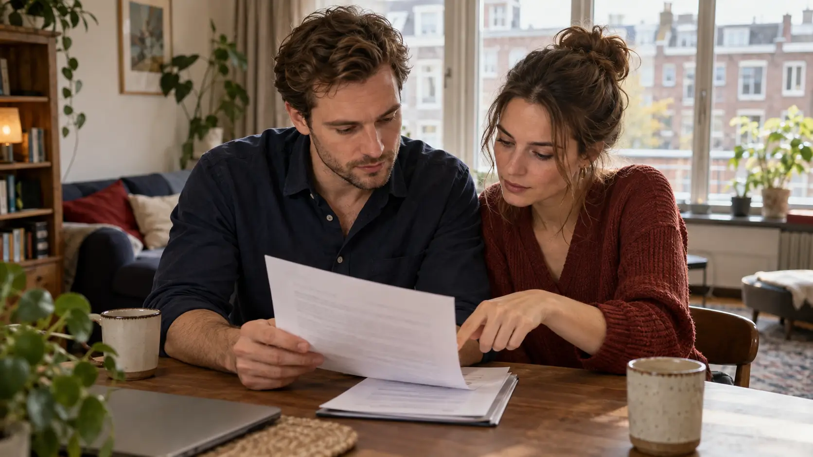 Jong stel leest samen een huurcontract aan tafel in een appartement