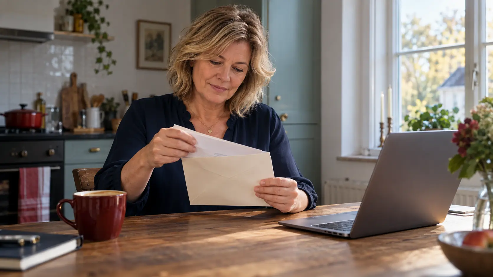 Vrouw aan de keukentafel opent een brief, met laptop en kop koffie ernaas