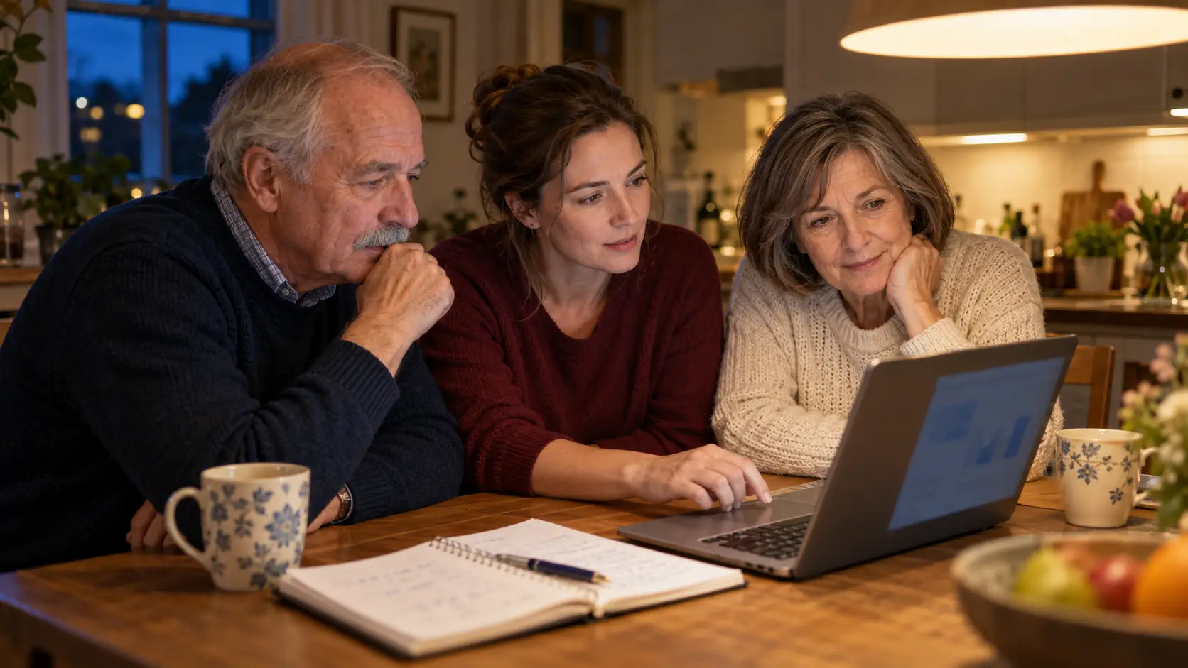 Stel van eind zestig met hun volwassen dochter aan de keukentafel, kijkend naar een laptop met een bankapp.