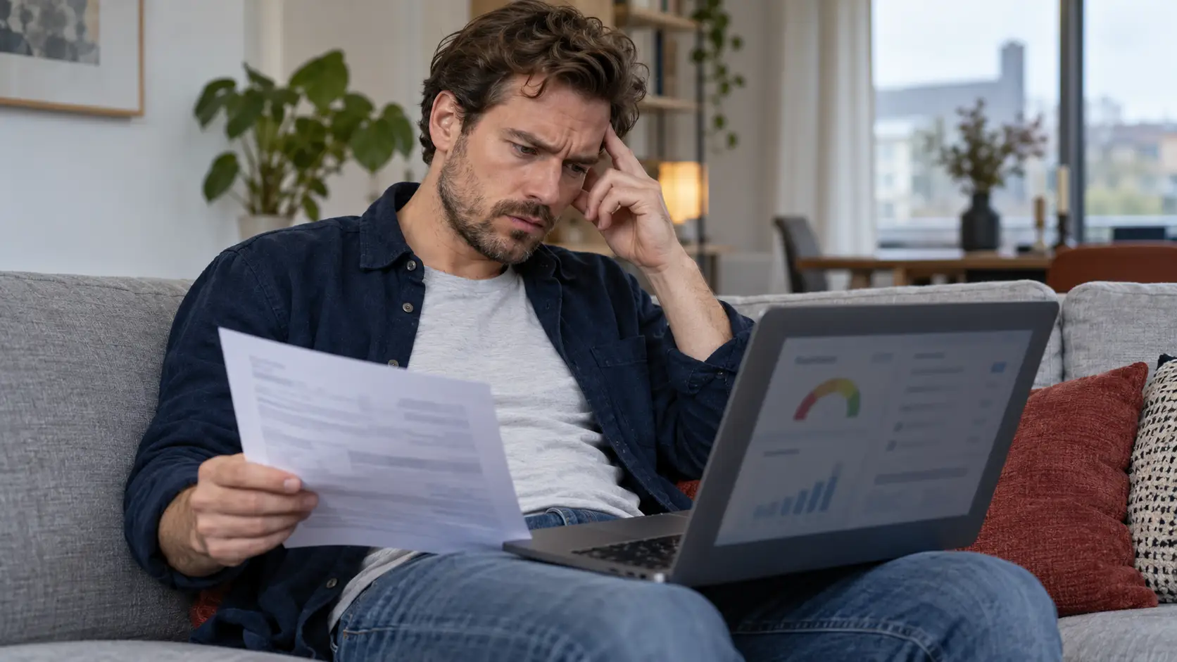 Man op de bank bekijkt gefrustreerd een contract en een kredietoverzicht op zijn laptop.