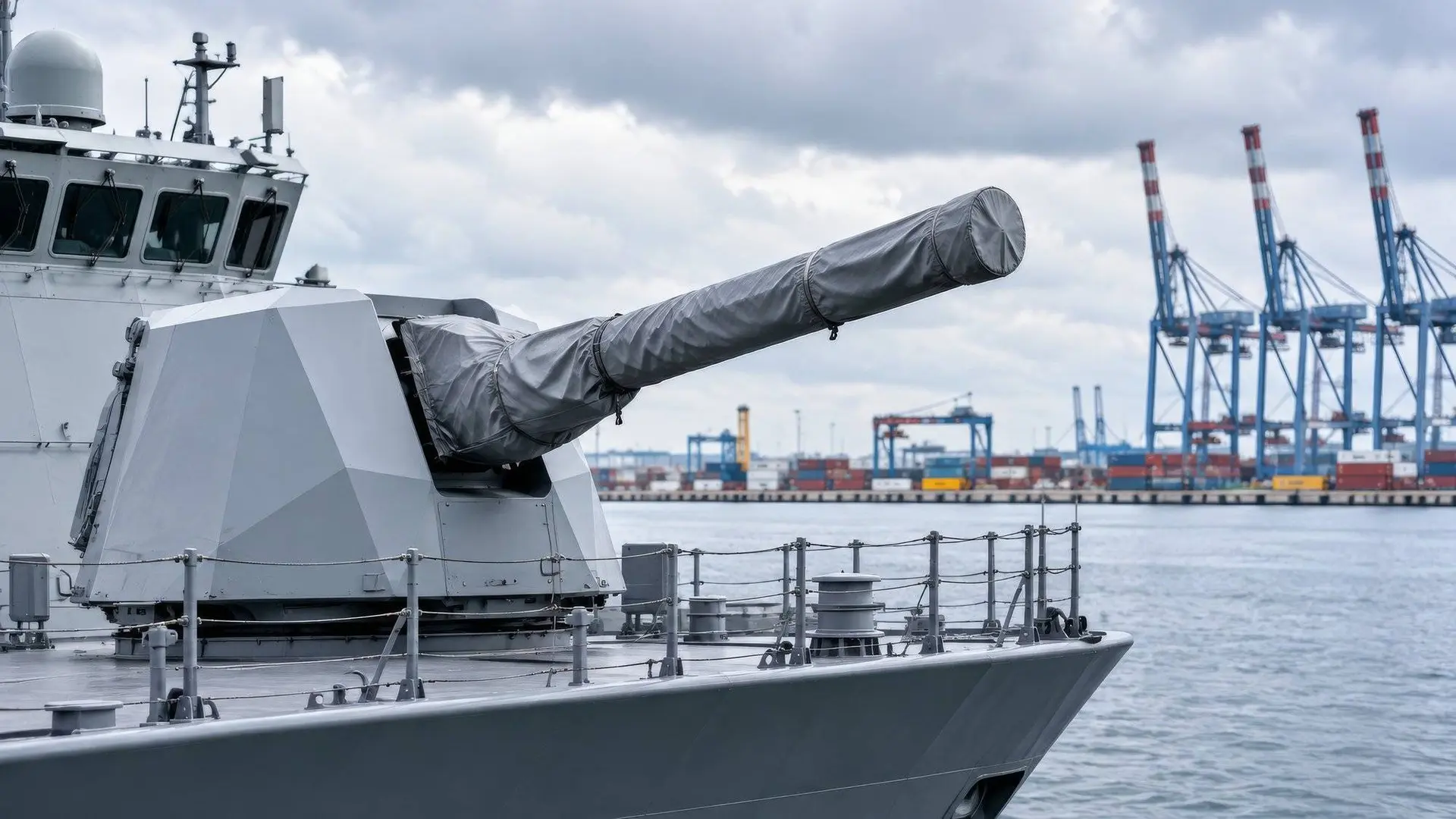 Afgedekt kanon op een marinefregat in de haven met containerkranen, symbool voor wapensystemen van Defensie die niet inzetbaar zijn