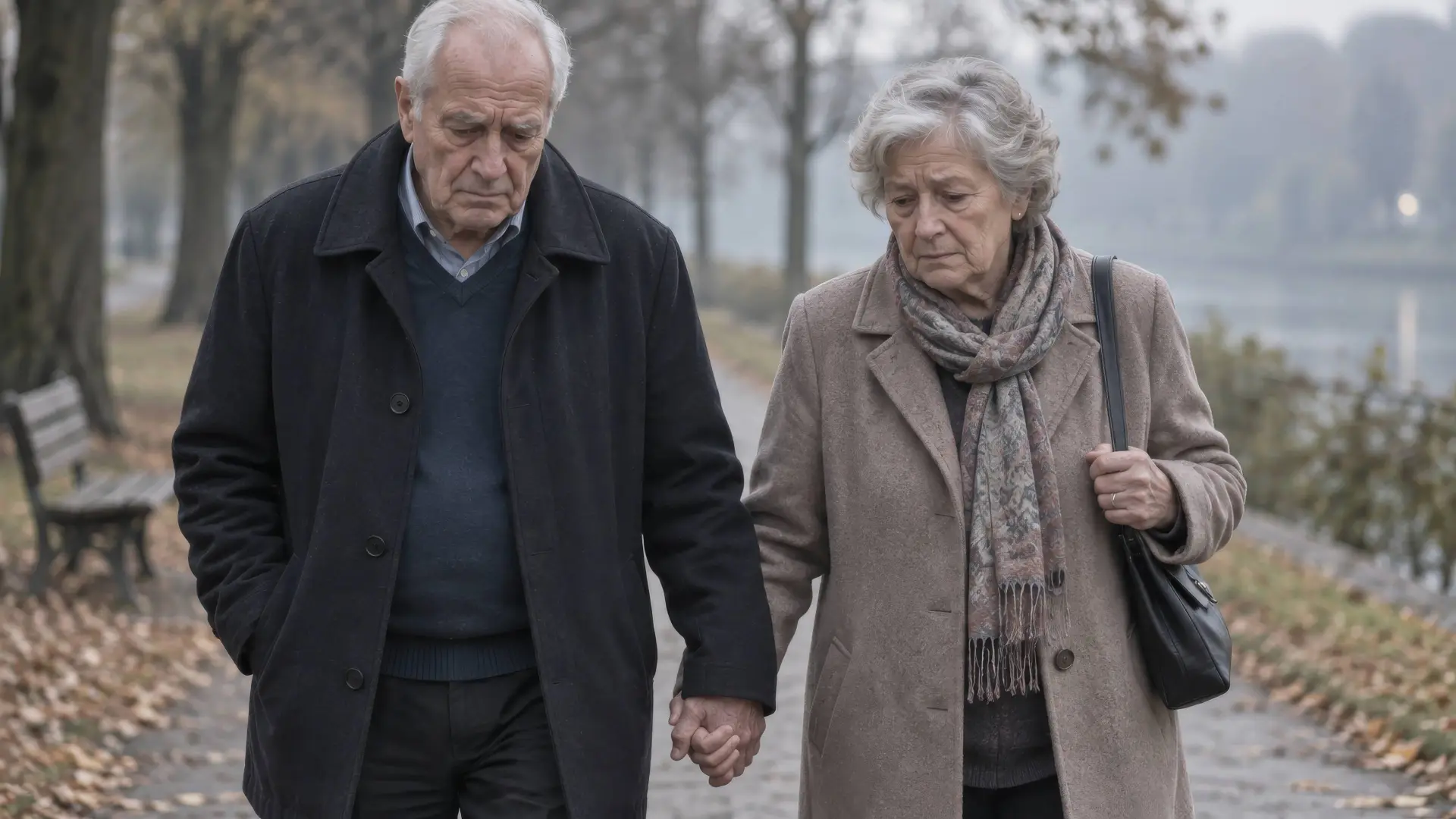 Ouder echtpaar loopt hand in hand over een herfstig pad langs het water