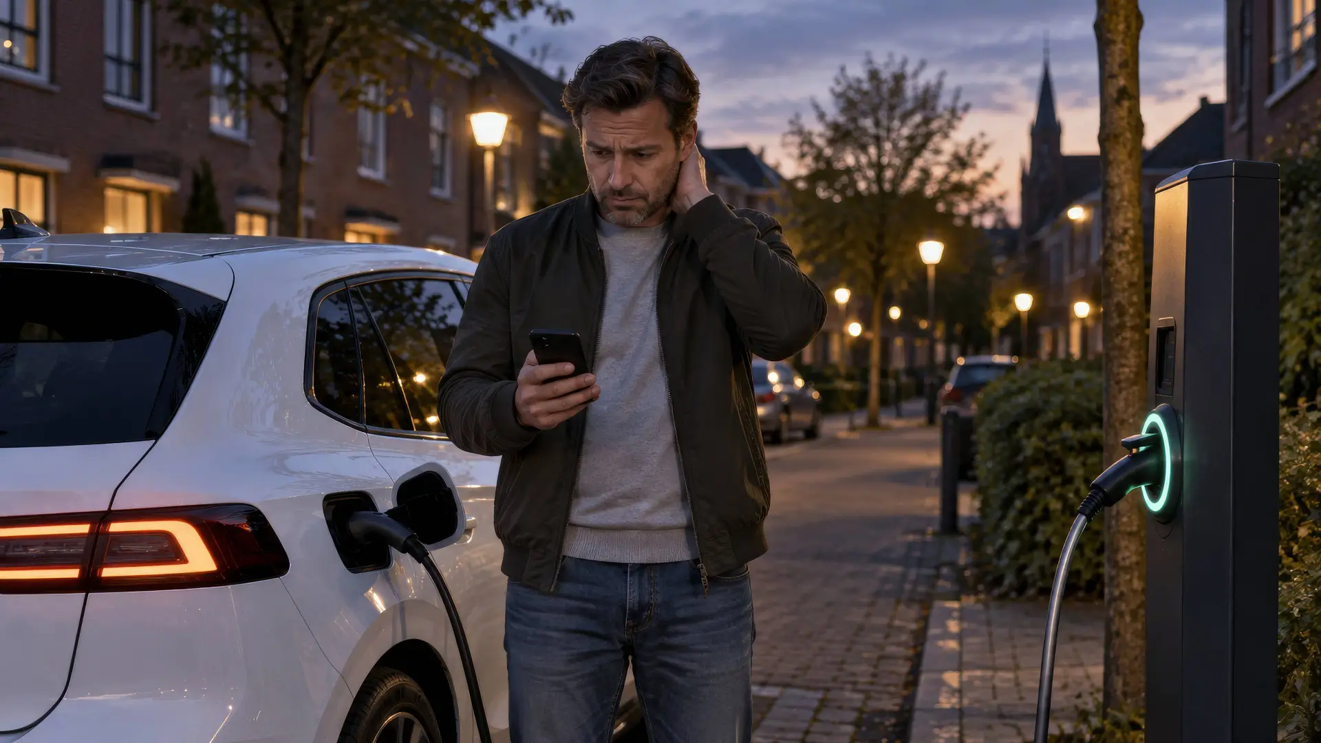 Man naast een elektrische auto aan een laadpaal kijkt bezorgd op zijn telefoon
