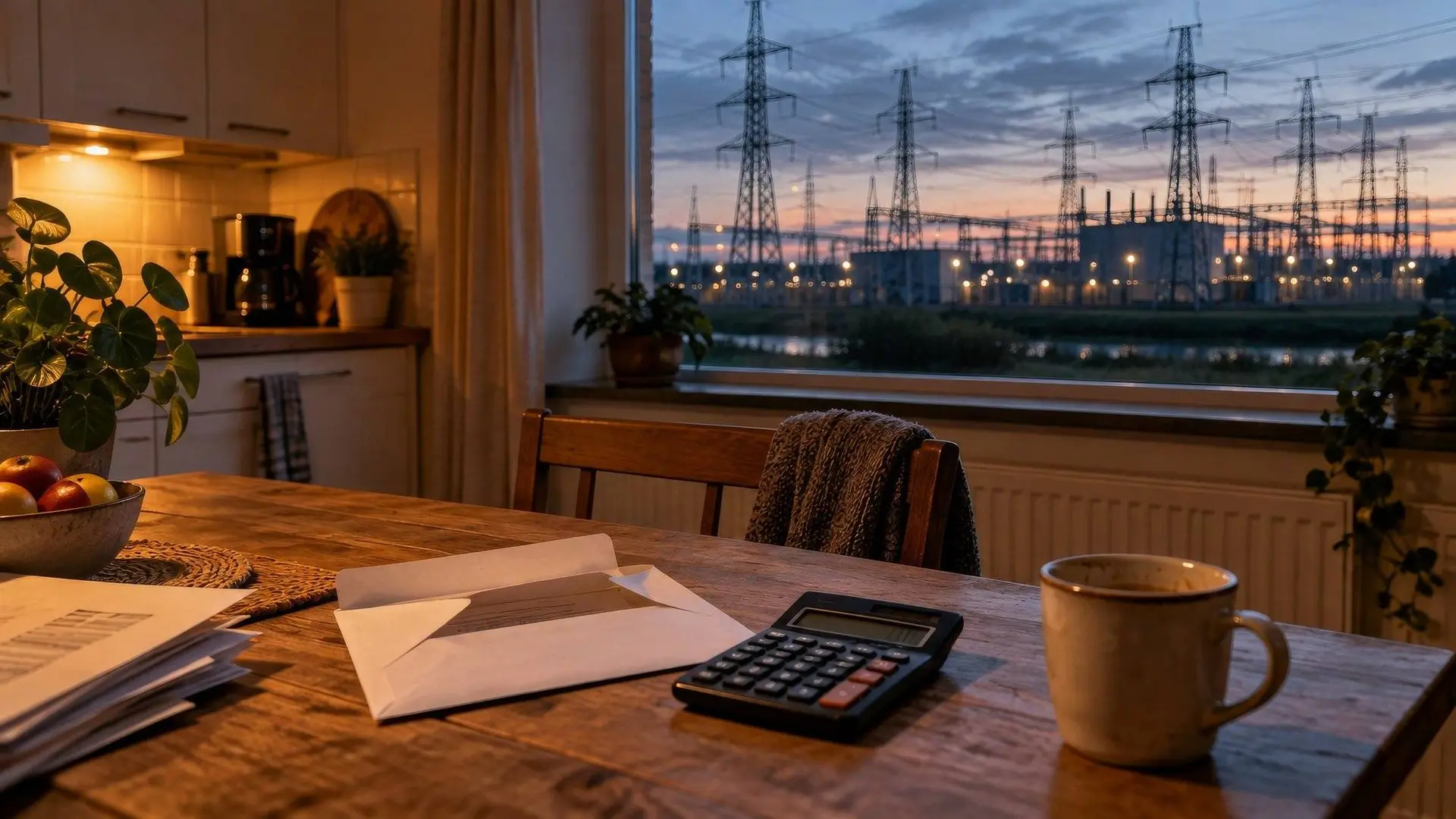 Rekenmachine en geopende envelop op een keukentafel met hoogspanningsmasten buiten, symbool voor de stijgende energierekening