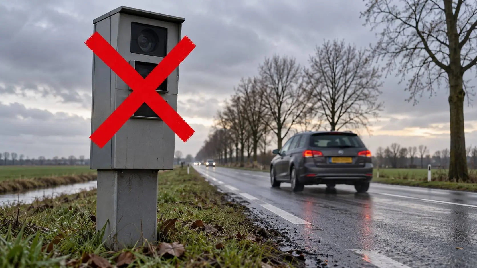 Flitspaal langs een Nederlandse weg bij de stemming in de Tweede Kamer tegen hogere verkeersboetes.