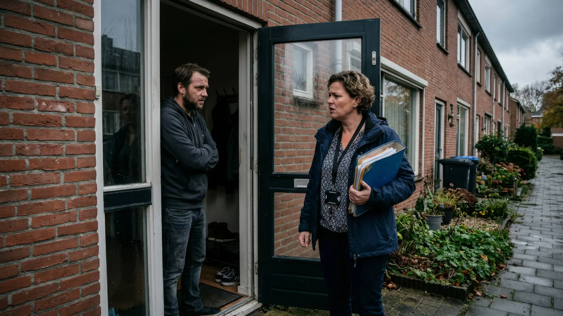 Medewerker van de gemeente met een map praat bij de voordeur met een bewoner