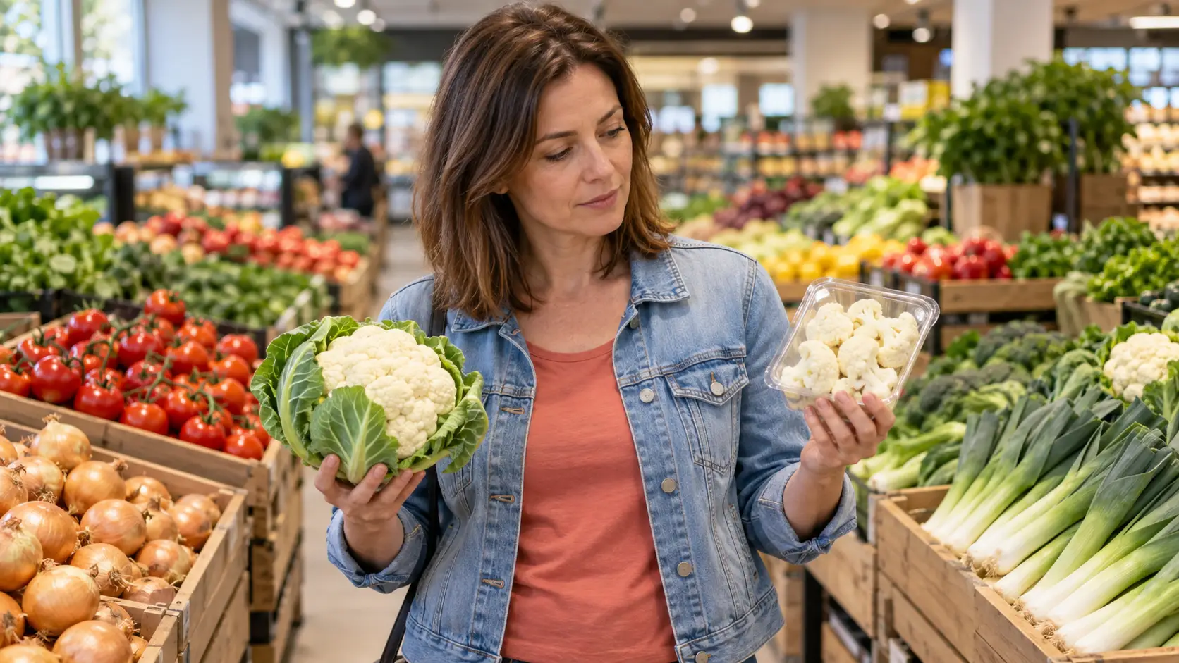 Vrouw vergelijkt een hele bloemkool met voorgesneden roosjes in de groenteafdeling van een supermarkt
