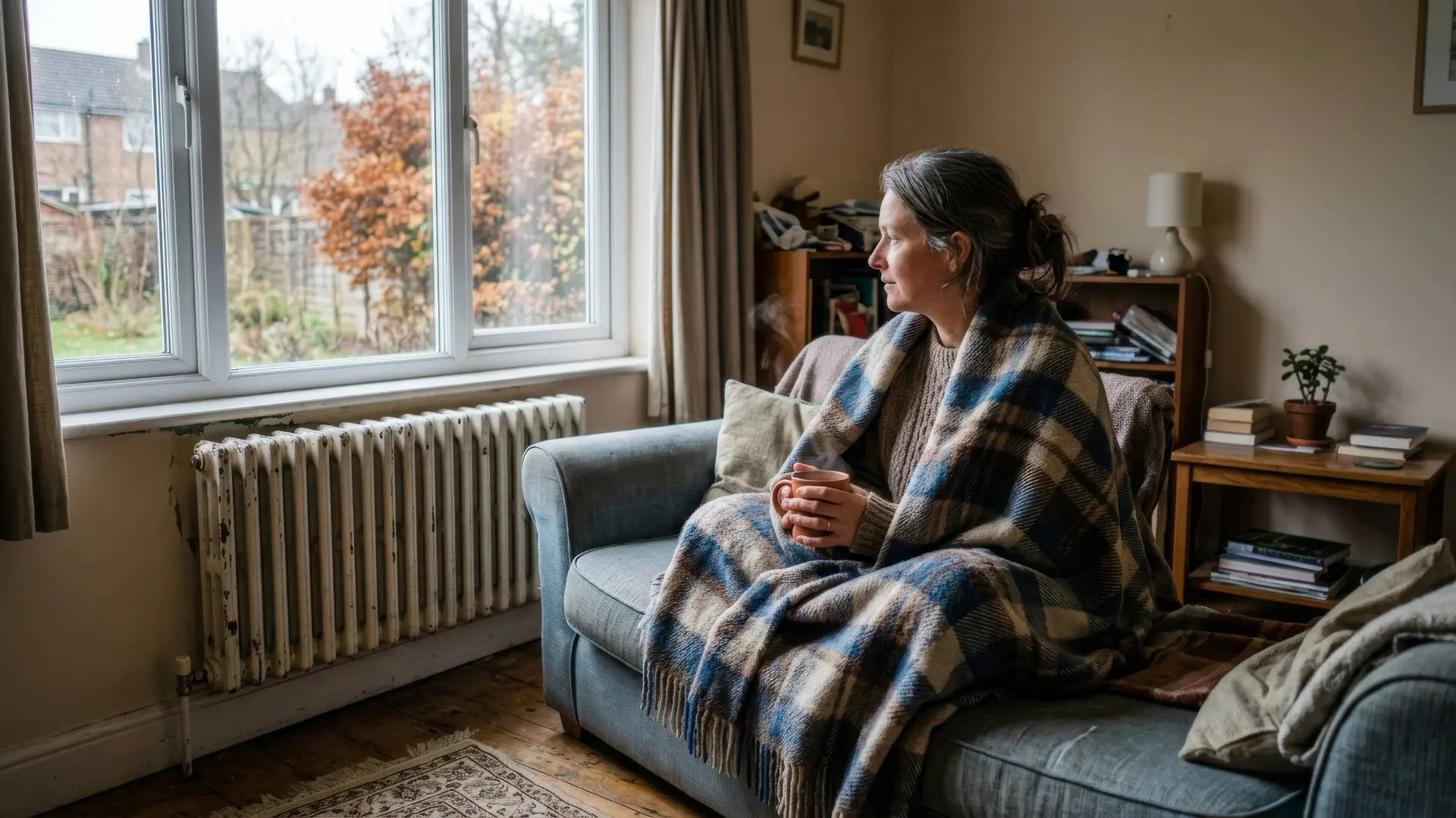 Vrouw met een wollen deken om zit op de bank en kijkt naar een radiator onder het raam