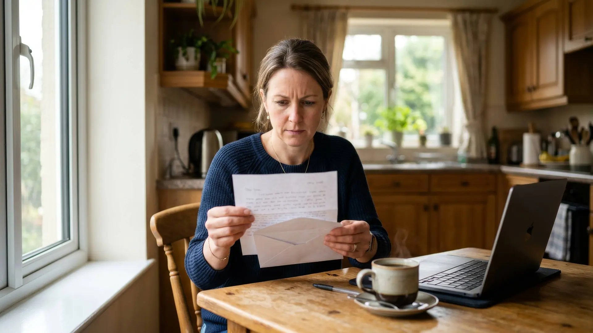 Vrouw aan de keukentafel leest een geopende brief, met een laptop naast zich