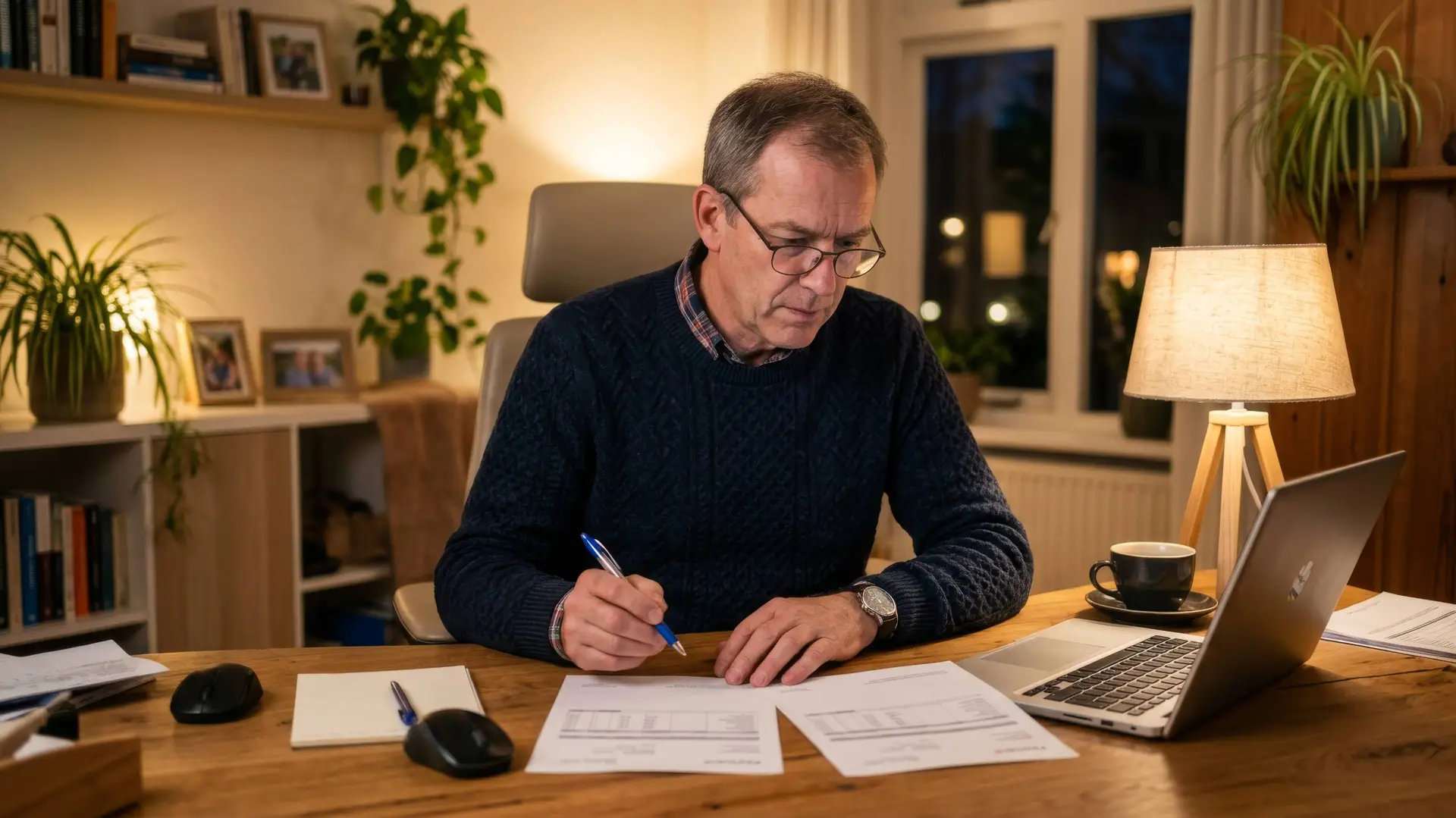 Man vergelijkt aan zijn bureau twee loonstroken naast een opengeklapte laptop