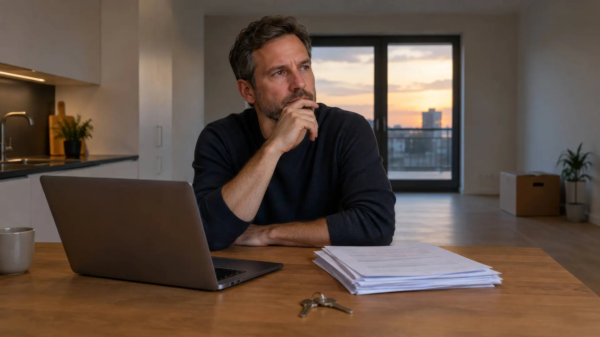 Man aan de keukentafel in een nieuw appartement met een laptop, papieren en twee huissleutels