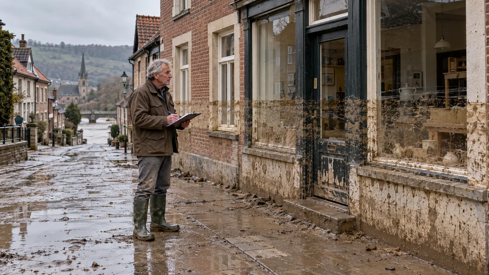 Man in rubberlaarzen bekijkt de waterschade aan een bakstenen huis met winkelpand