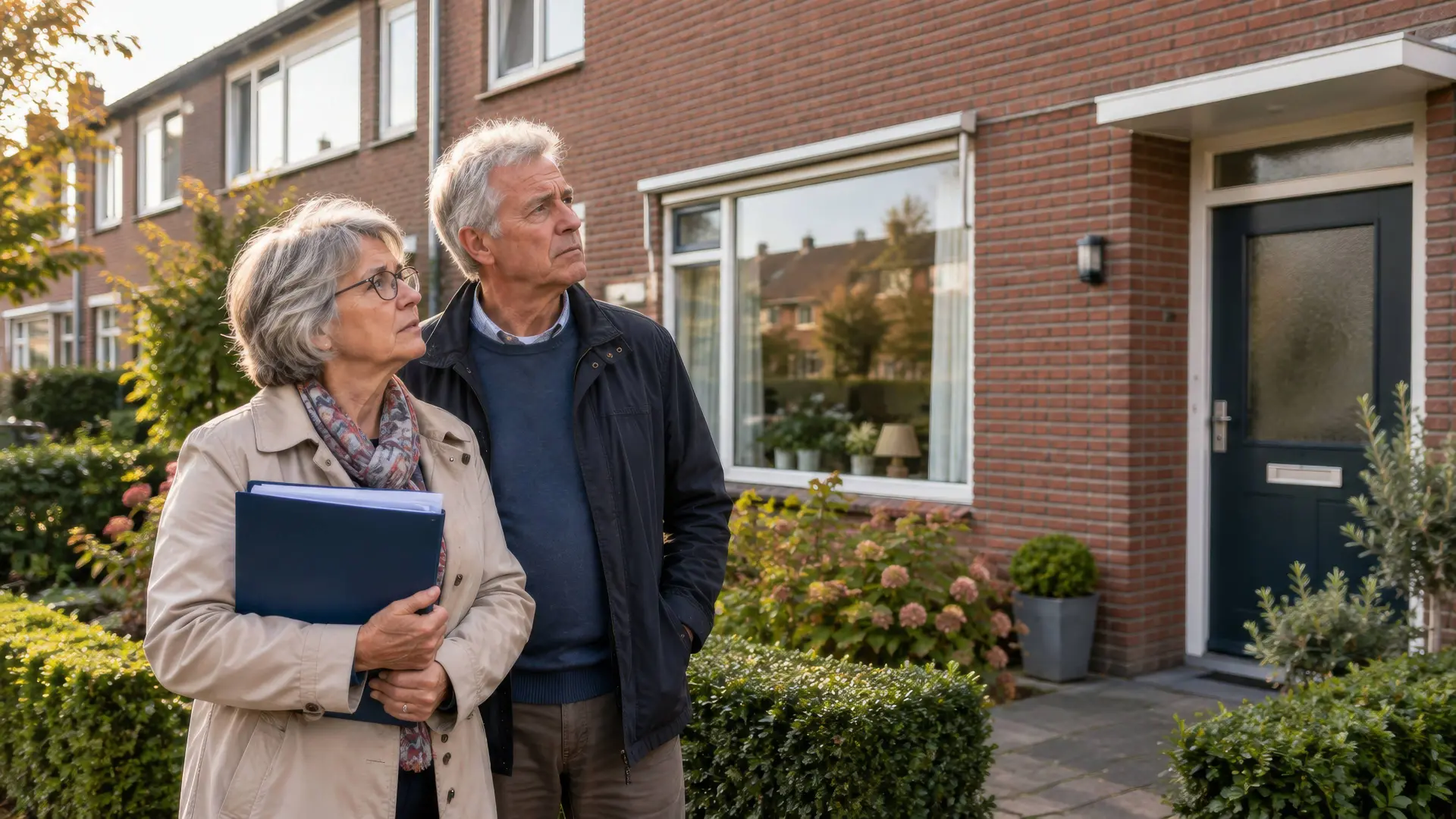 Ouder stel staat met een map papieren voor hun bakstenen rijtjeshuis