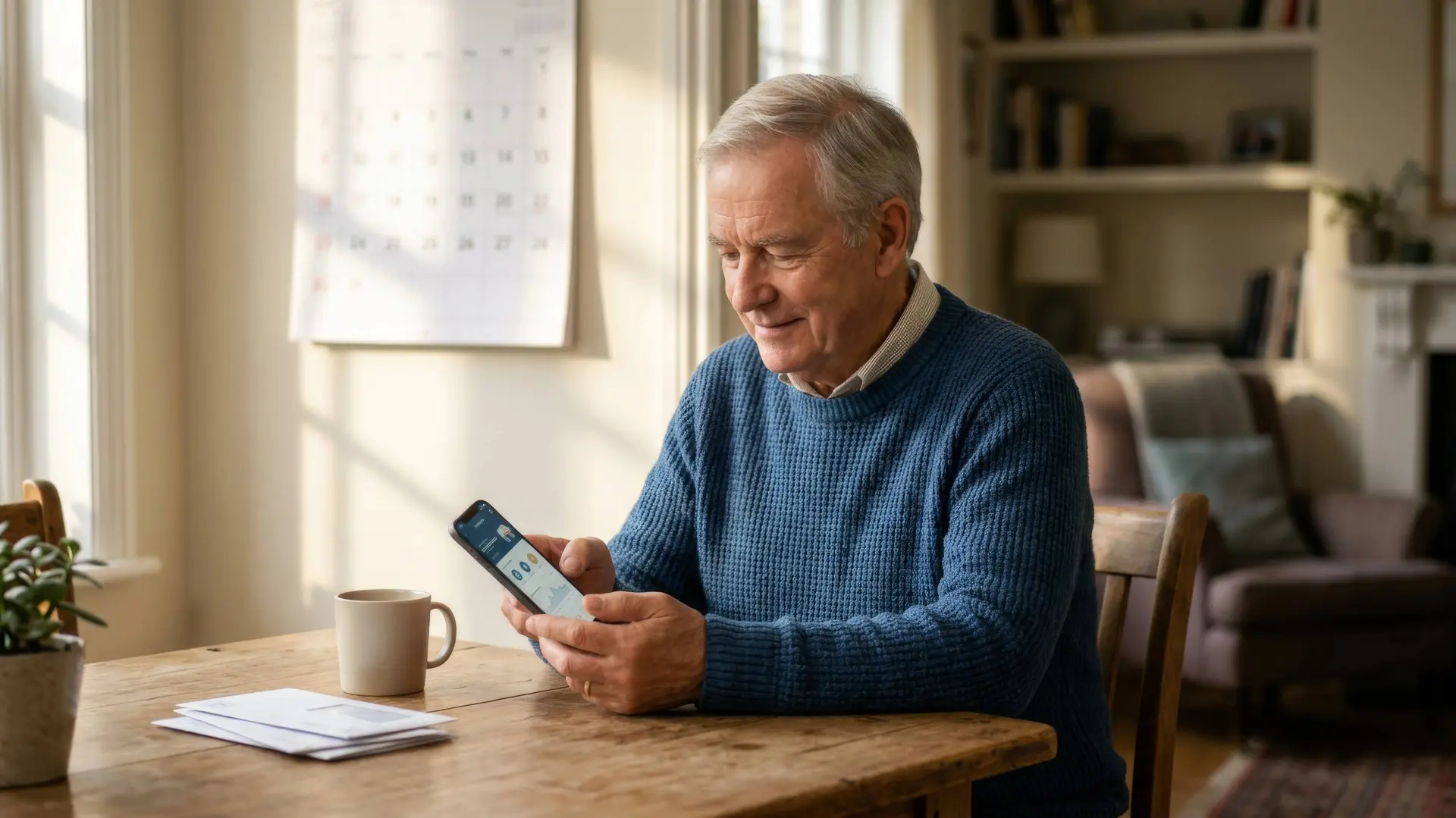 Oudere man aan tafel kijkt op zijn telefoon naar zijn bankrekening, met een kalender op de achtergrond