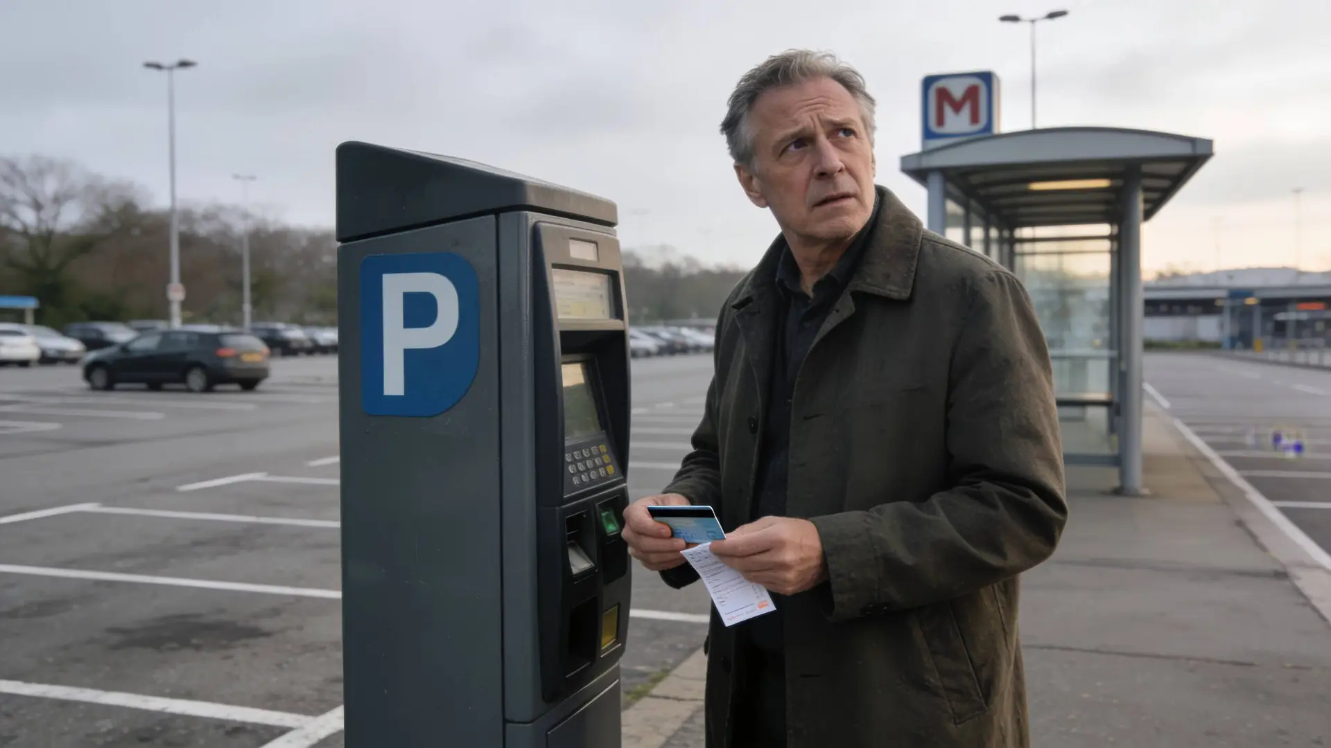 Man met bankpas en parkeerkaartje bij een betaalautomaat op een P+R-terrein