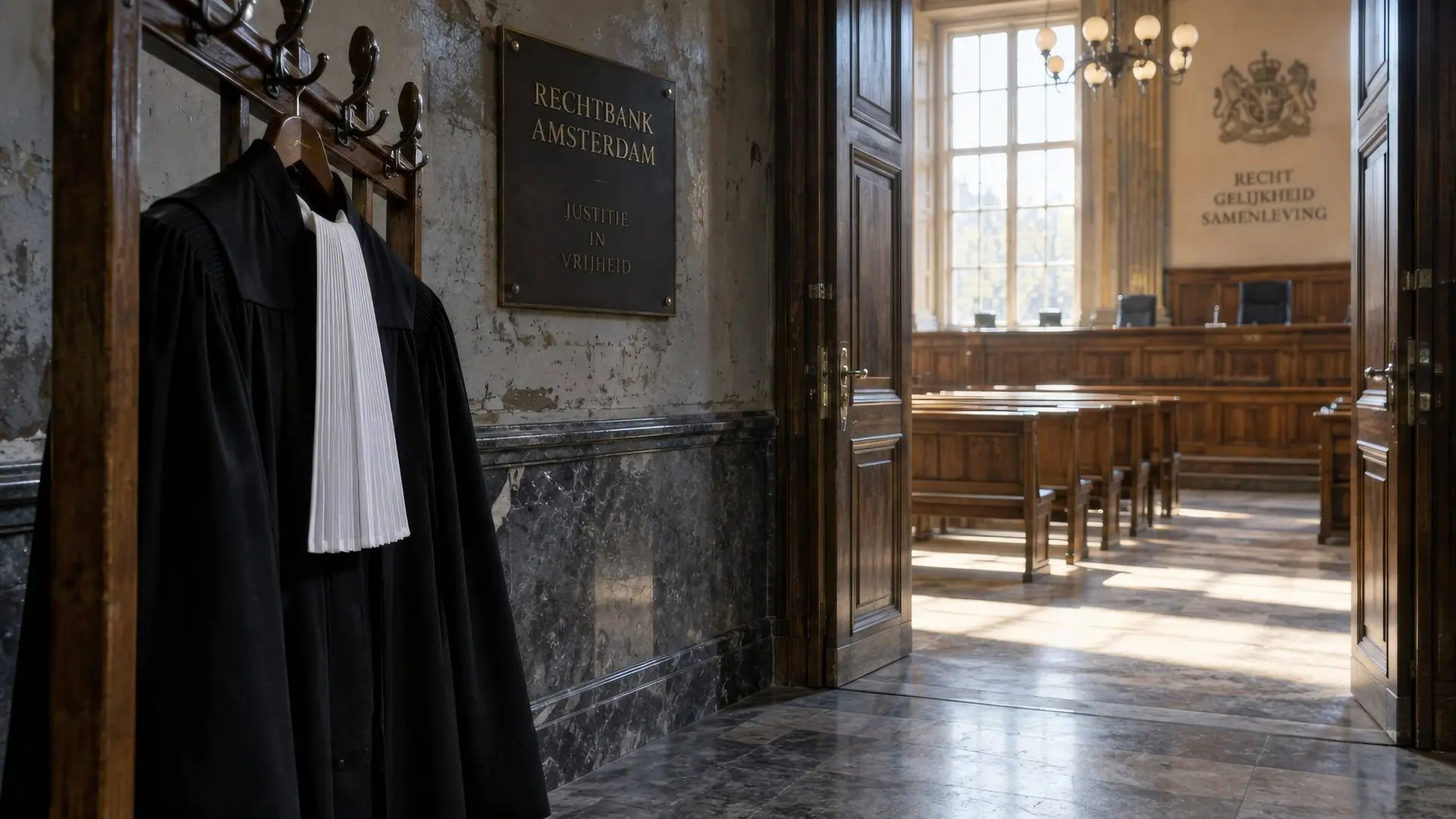 Rechterstoga naast een lege rechtszaal bij het debat over politieke uitlatingen van rechters.