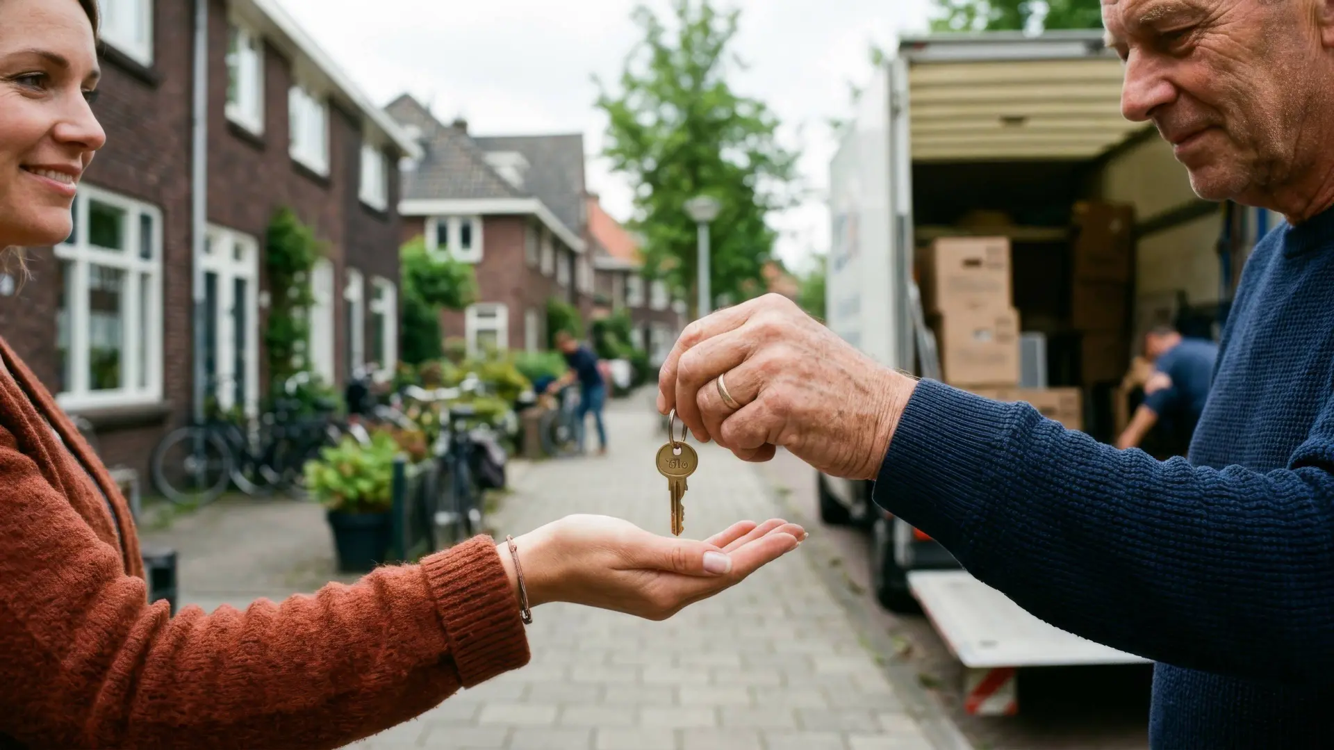 Illustratie van een ouder die een huissleutel aan een volwassen kind geeft.