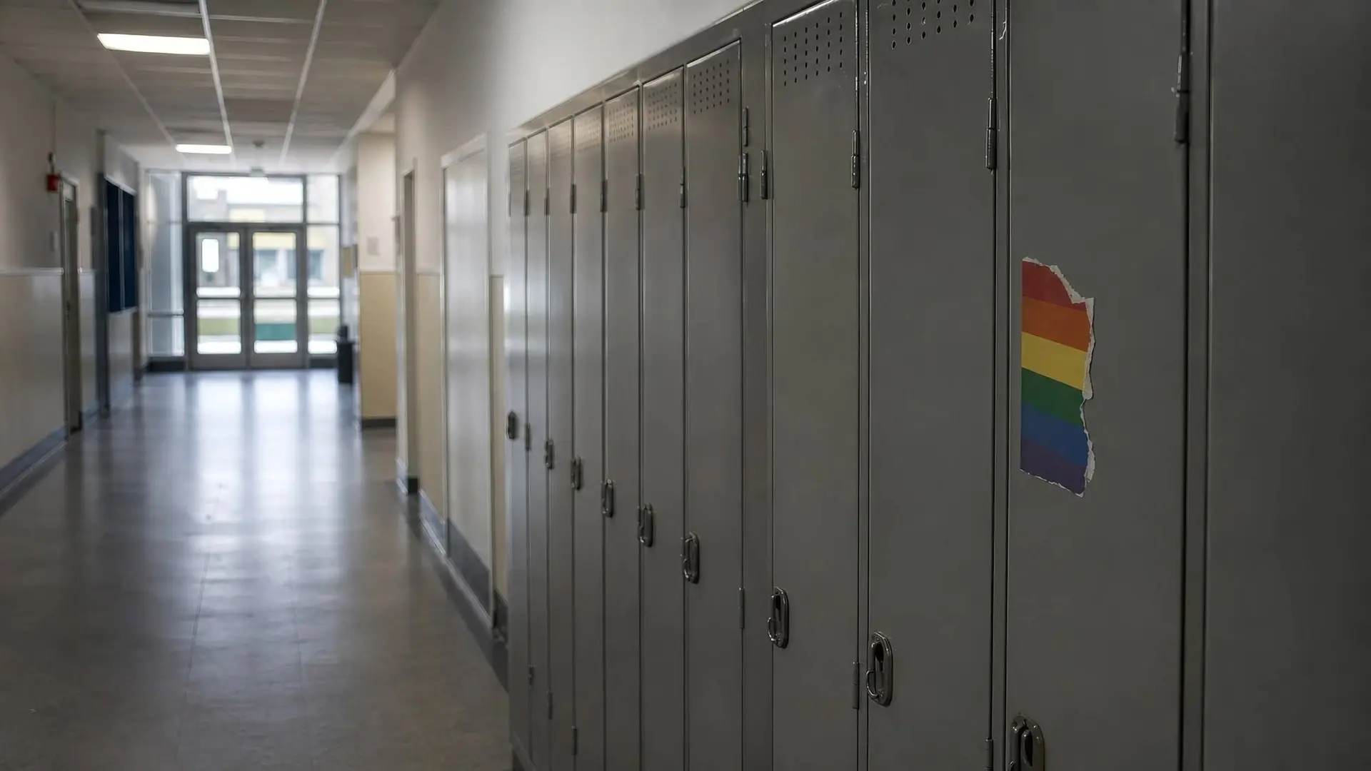 Lege schoolgang met een half afgescheurde regenboogsticker op een kluisje, bij de dalende homoacceptatie onder scholieren.