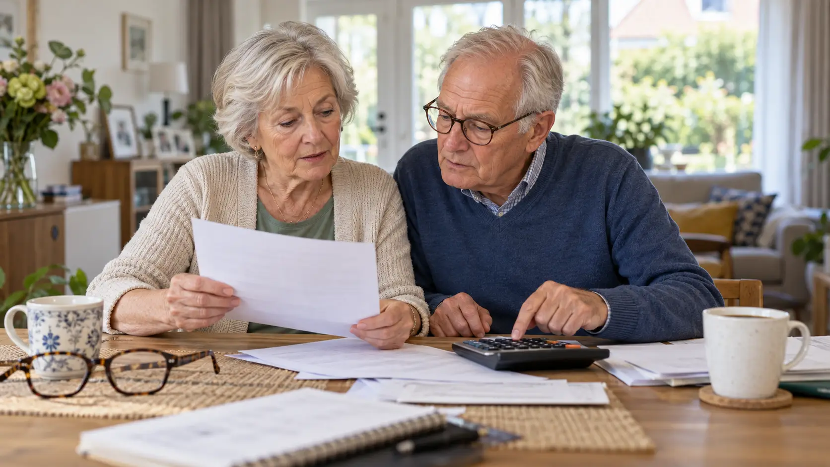 Senior couple reviewing mail and finances