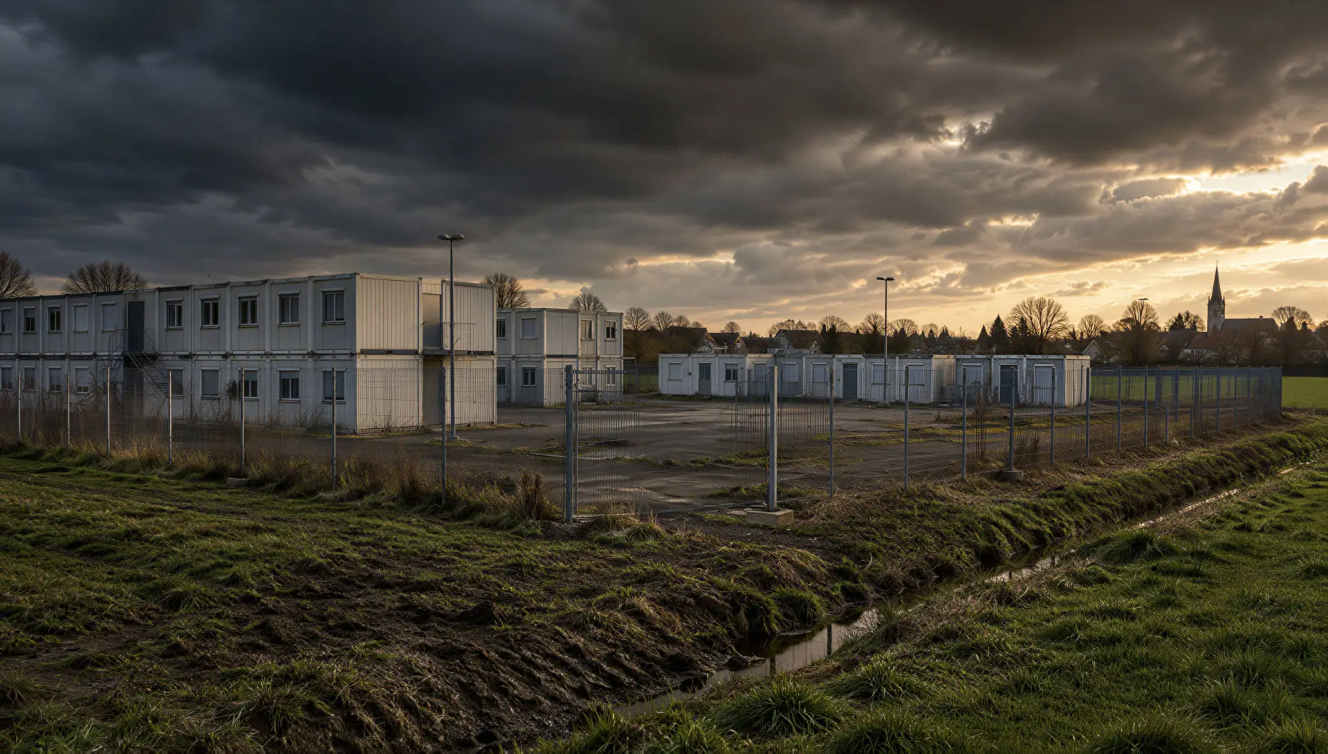 Verlaten asielzoekerscentrum met hekken en containers aan de rand van een dorp in Overijssel, onder donkere wolken