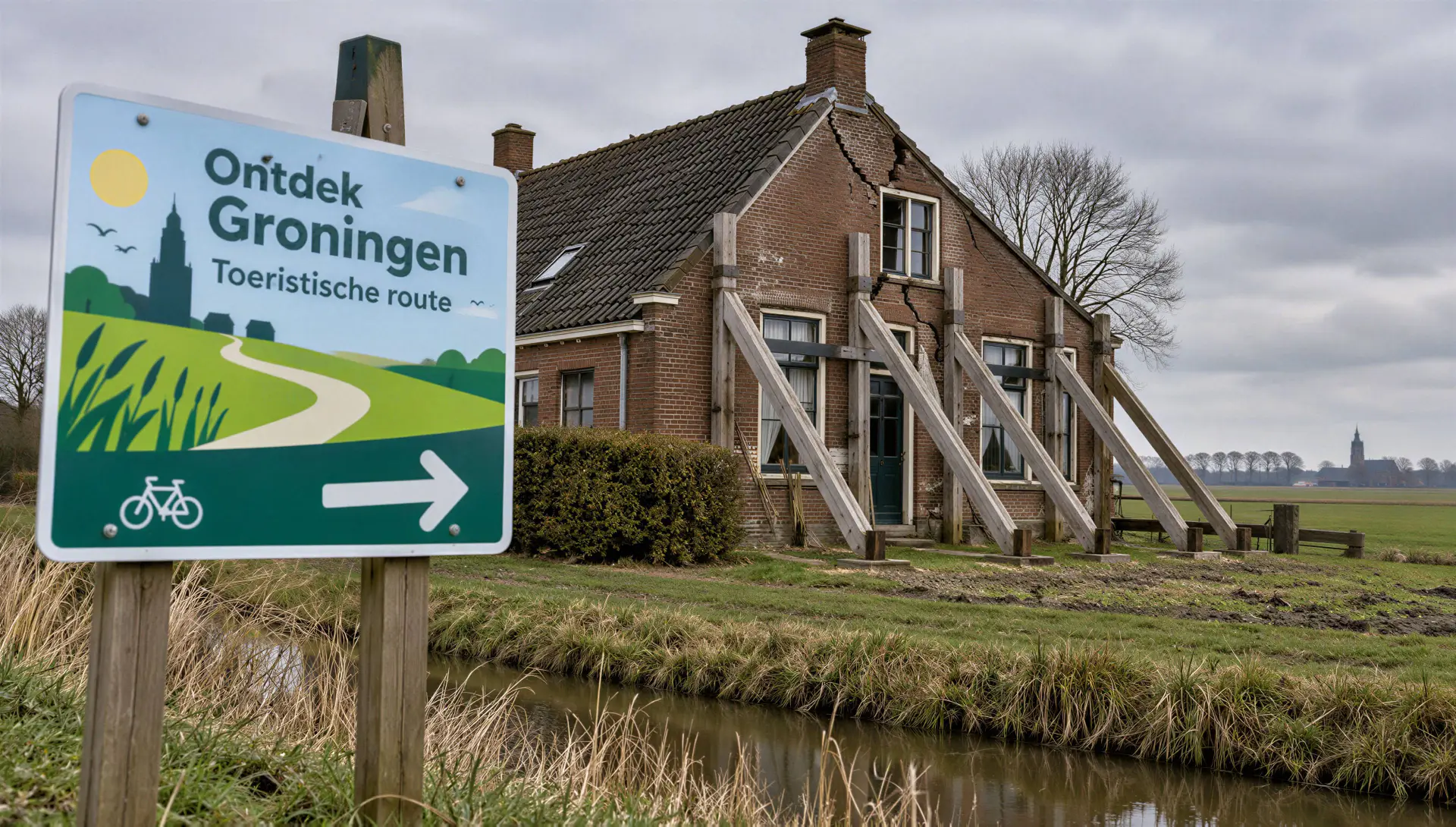 Gescheurd Gronings huis met stutten naast een toeristisch routebord