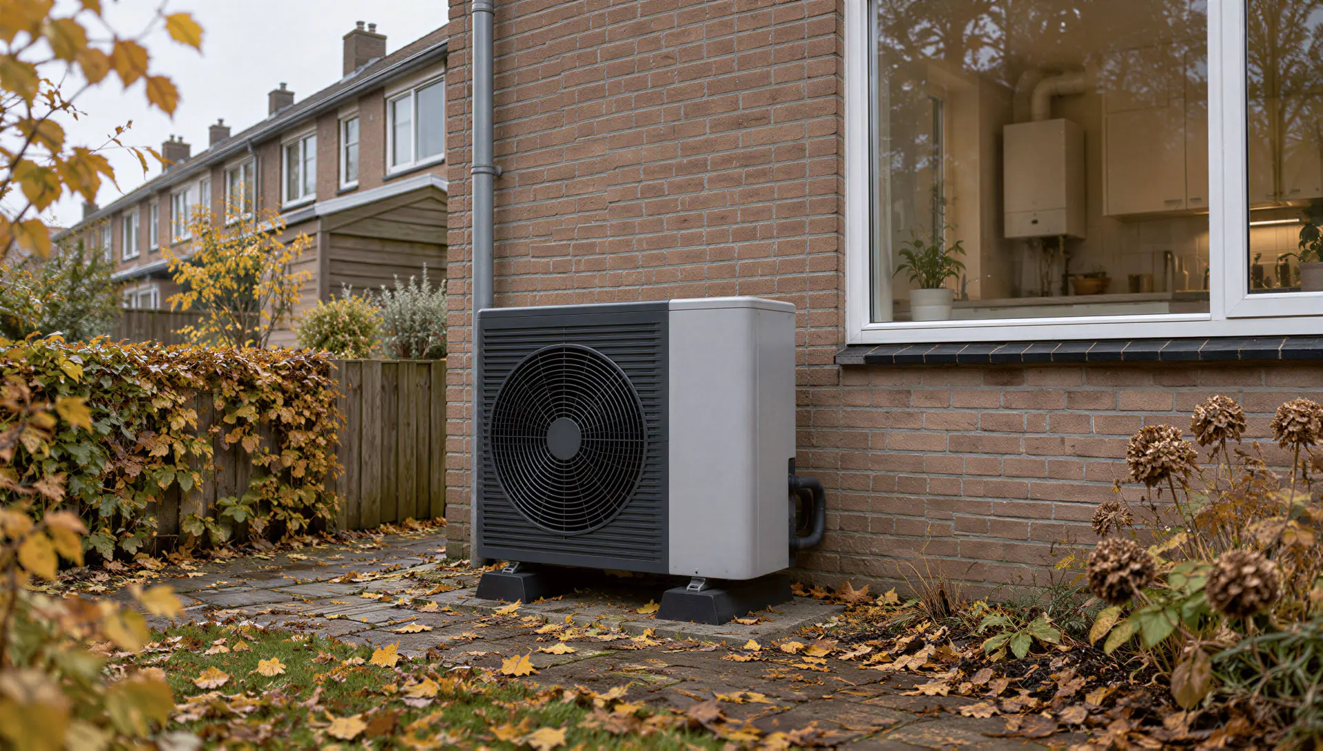 Buitenunit van een warmtepomp naast een rijtjeshuis in de herfst