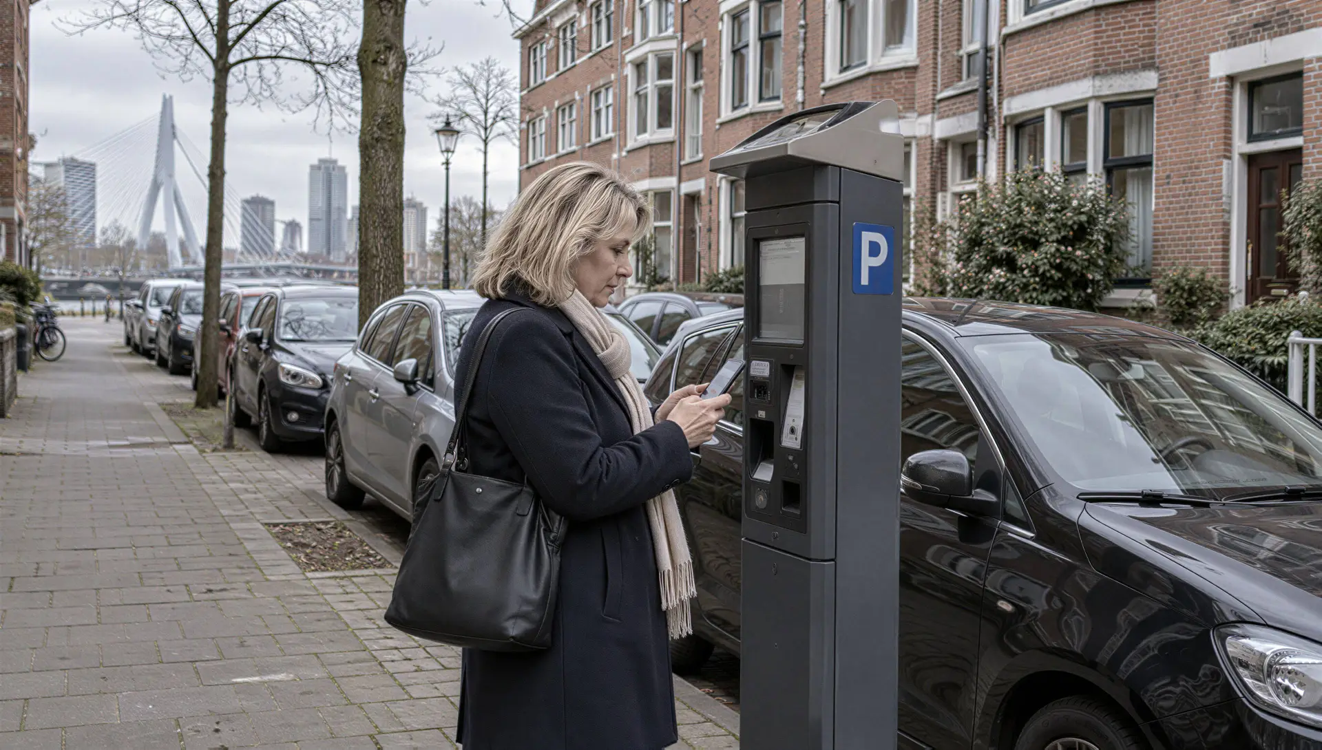 Vrouw bij een parkeerautomaat in een Rotterdamse woonstraat met geparkeerde auto's