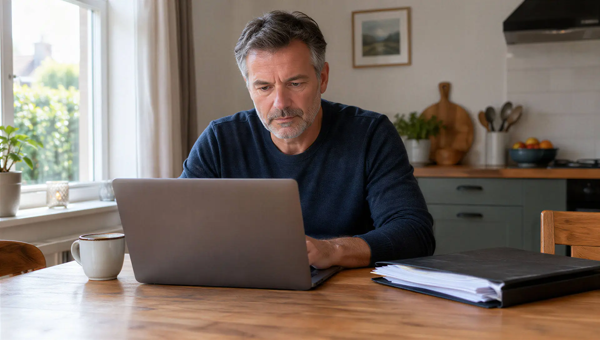 Man van in de vijftig aan de keukentafel kijkt op zijn laptop, met papieren naast zich