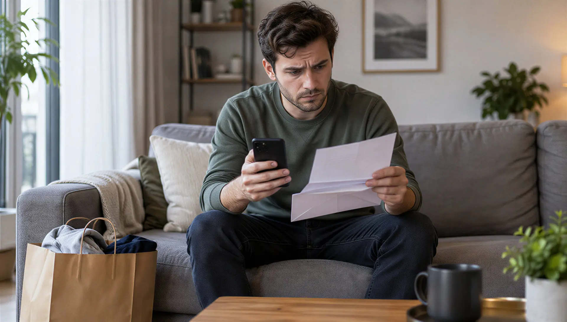 Jonge man op de bank met zijn telefoon en een aanmaning van een incassobureau.