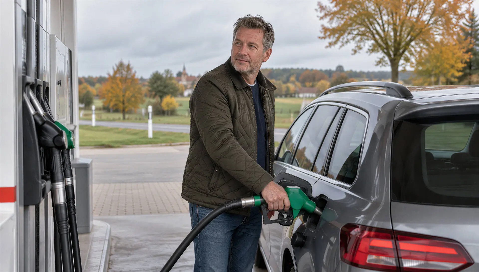 Man tankt zijn auto bij een tankstation op het platteland.
