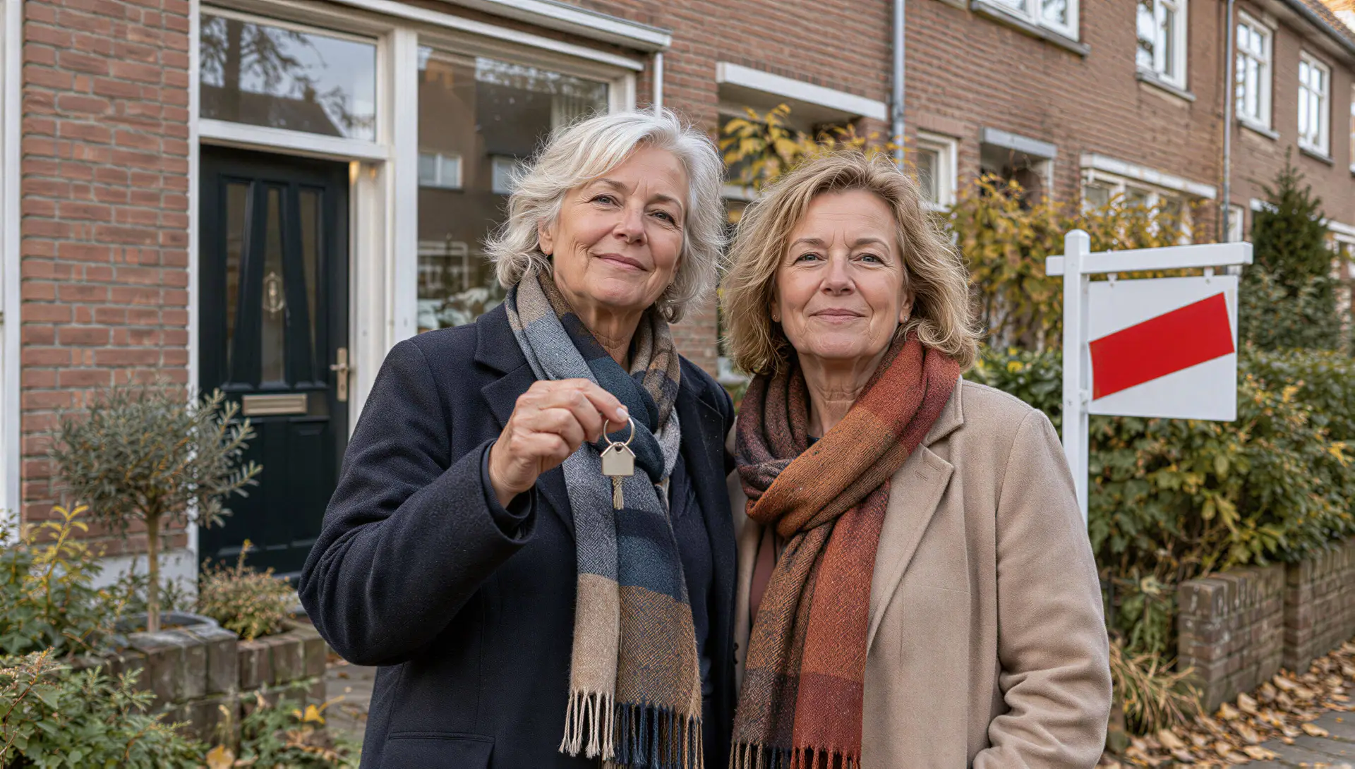 Twee oudere zussen staan met een huissleutel voor een rijtjeshuis.