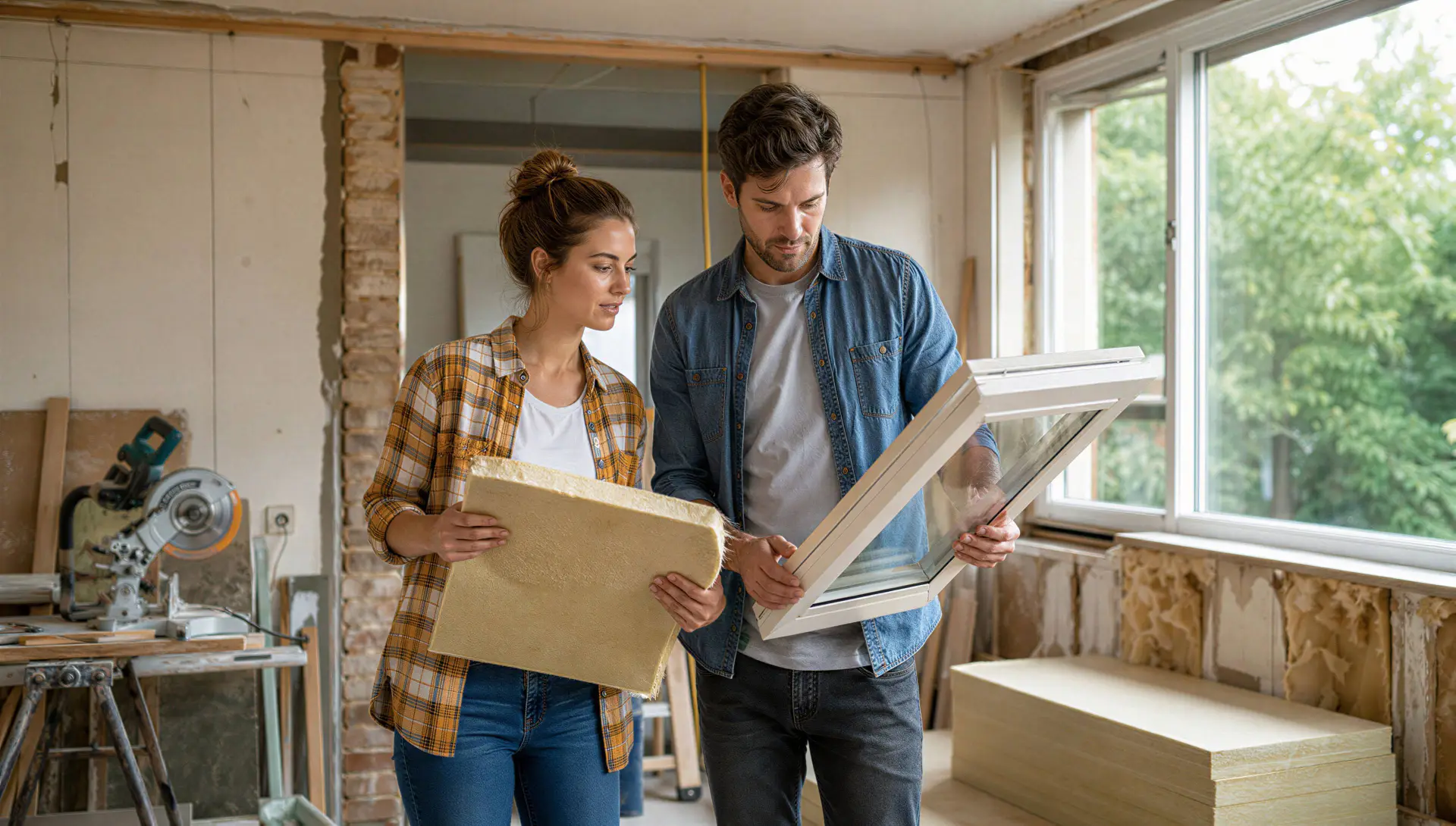 Jong stel bekijkt isolatiemateriaal in een ouder huis dat wordt verbouwd.