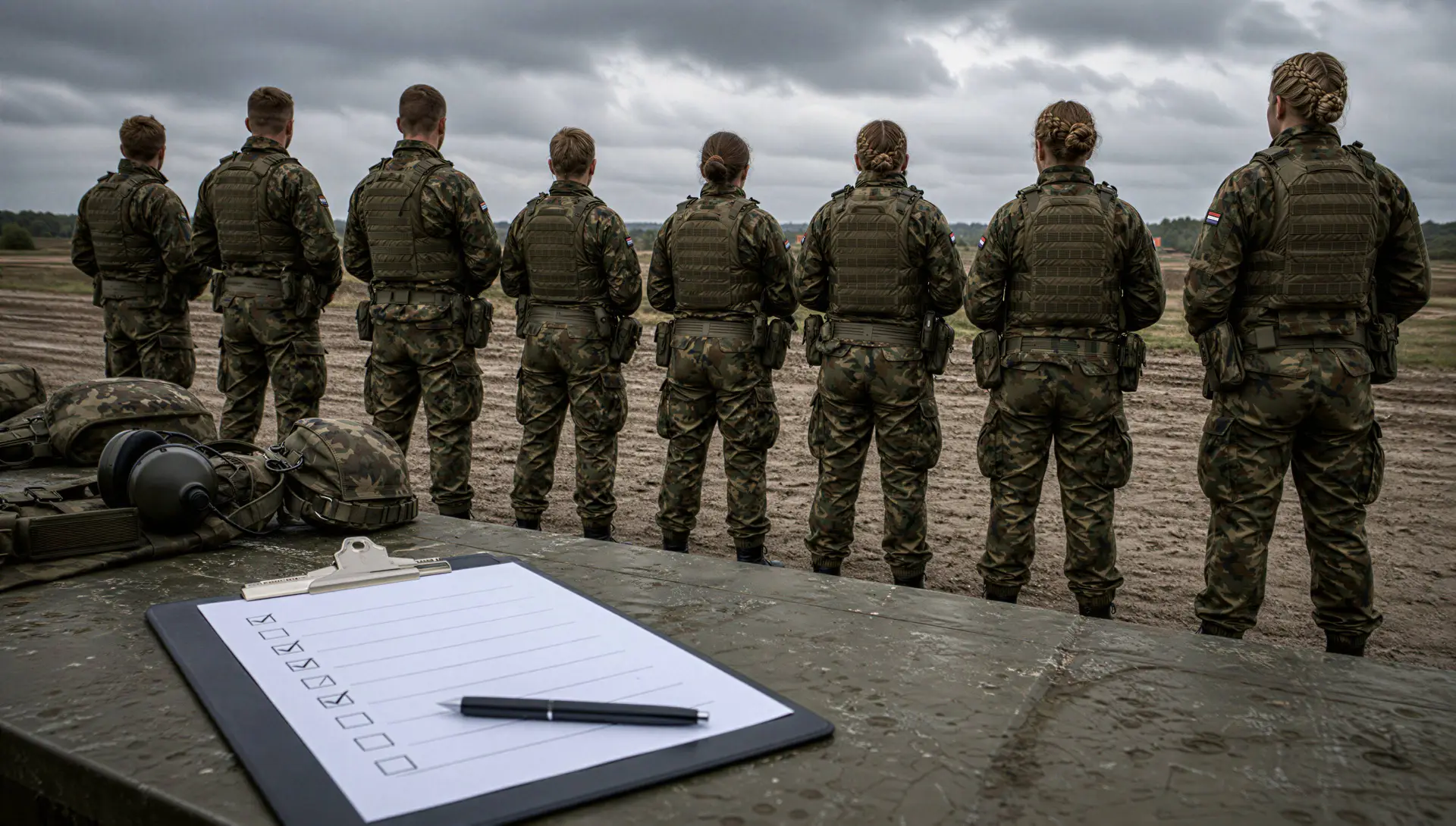 Nederlandse militairen op een oefenterrein, bij een stuk over het D66-plan voor 30 procent vrouwen bij Defensie