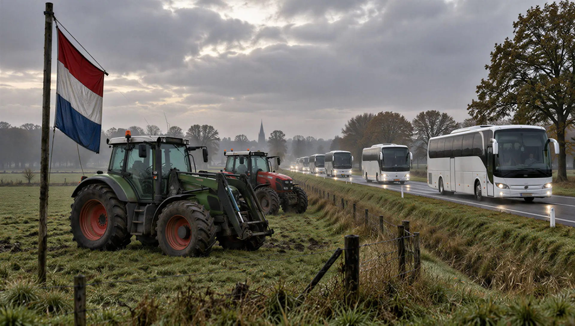 Tractoren en een omgekeerde Nederlandse vlag in een weiland langs de N18 terwijl bussen met bestuurders voorbijrijden (1)