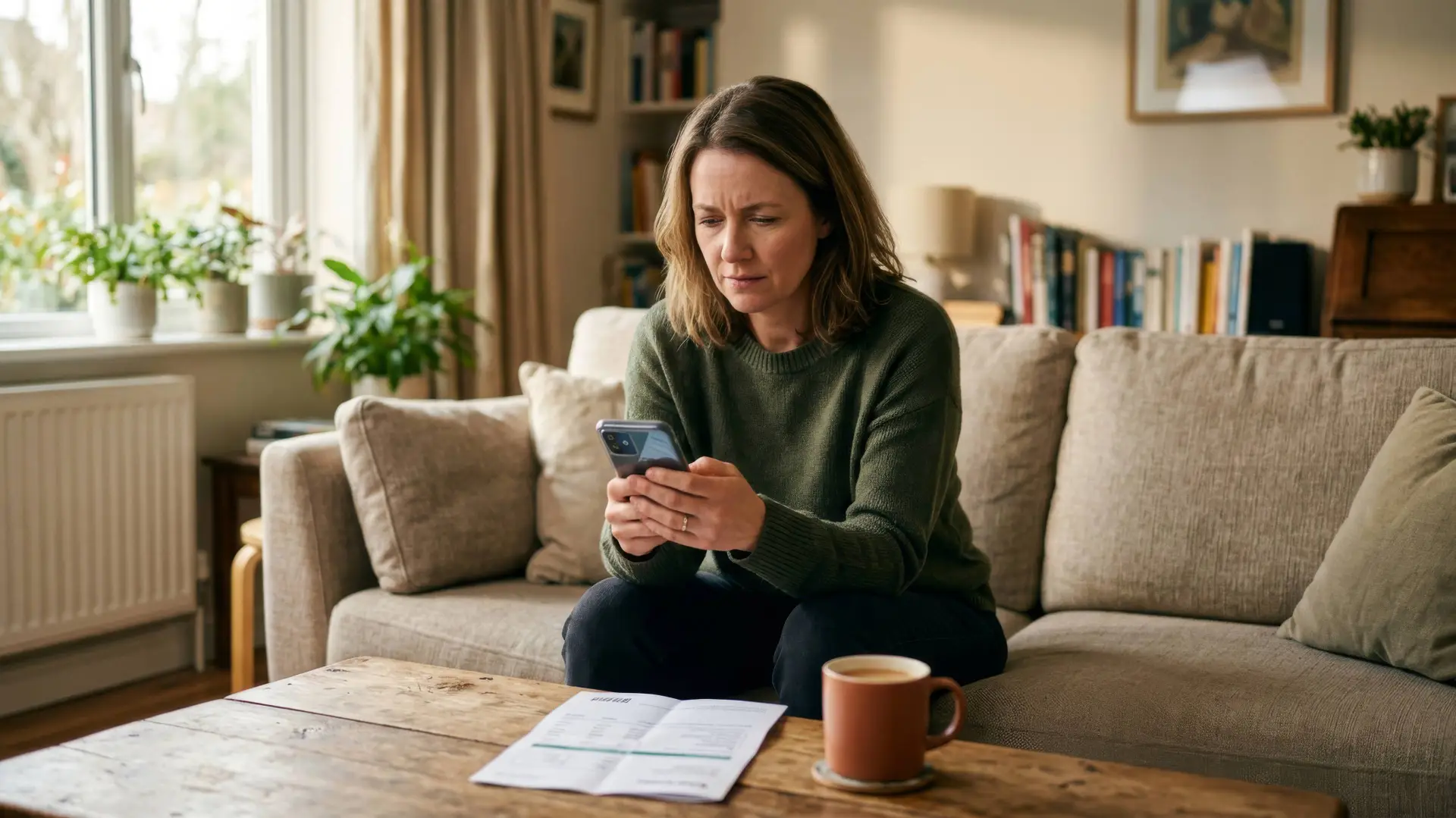Vrouw op de bank kijkt fronsend naar haar telefoon, met een rekening op tafel