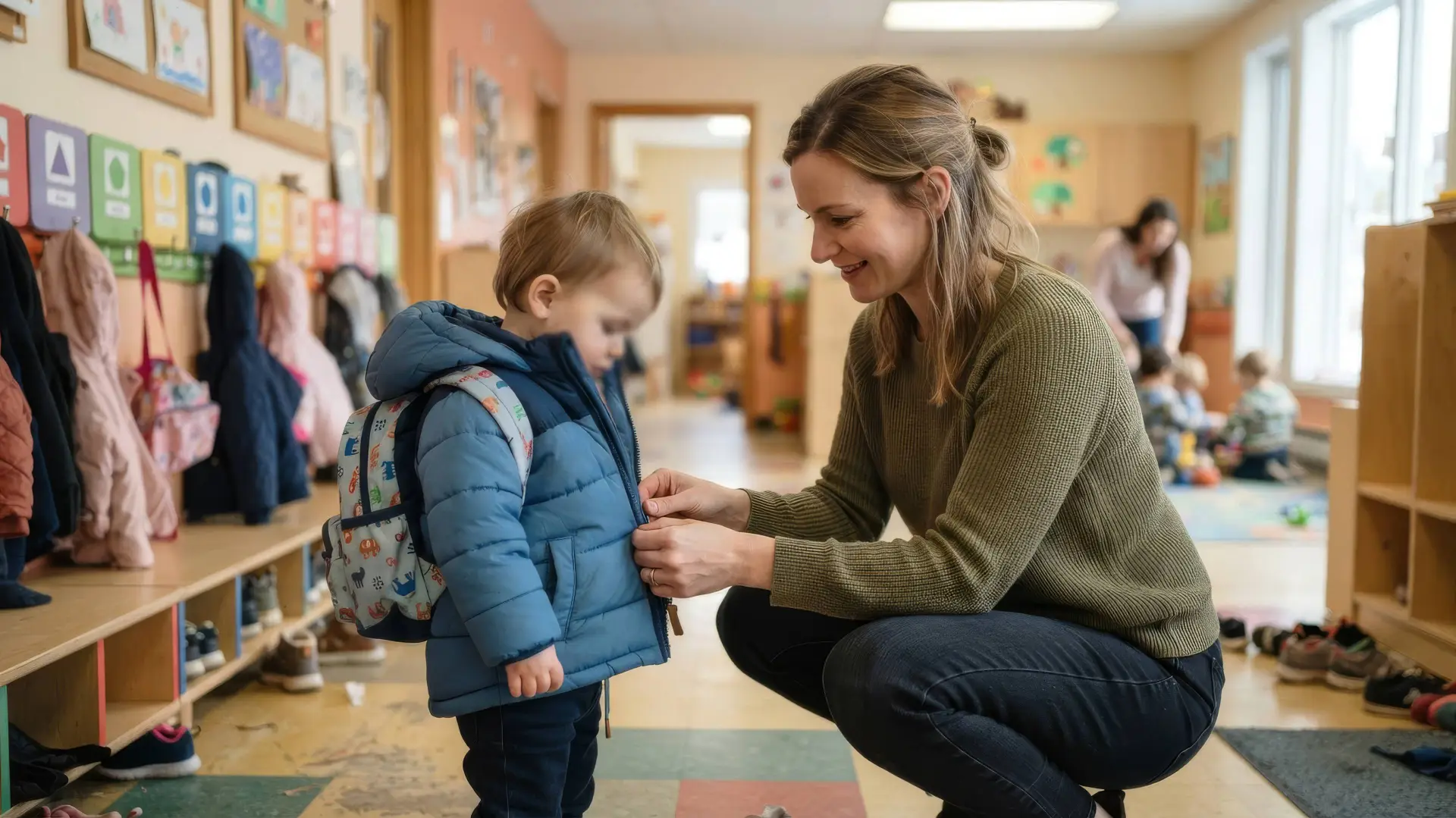 Moeder helpt haar peuter met de jas in de gang van een kinderdagverblijf