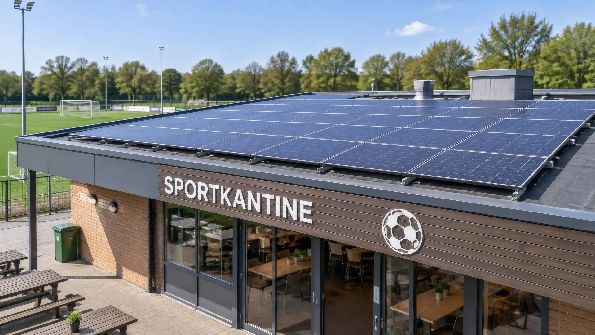 Zonnepanelen op het dak van de kantine van een amateurvoetbalclub