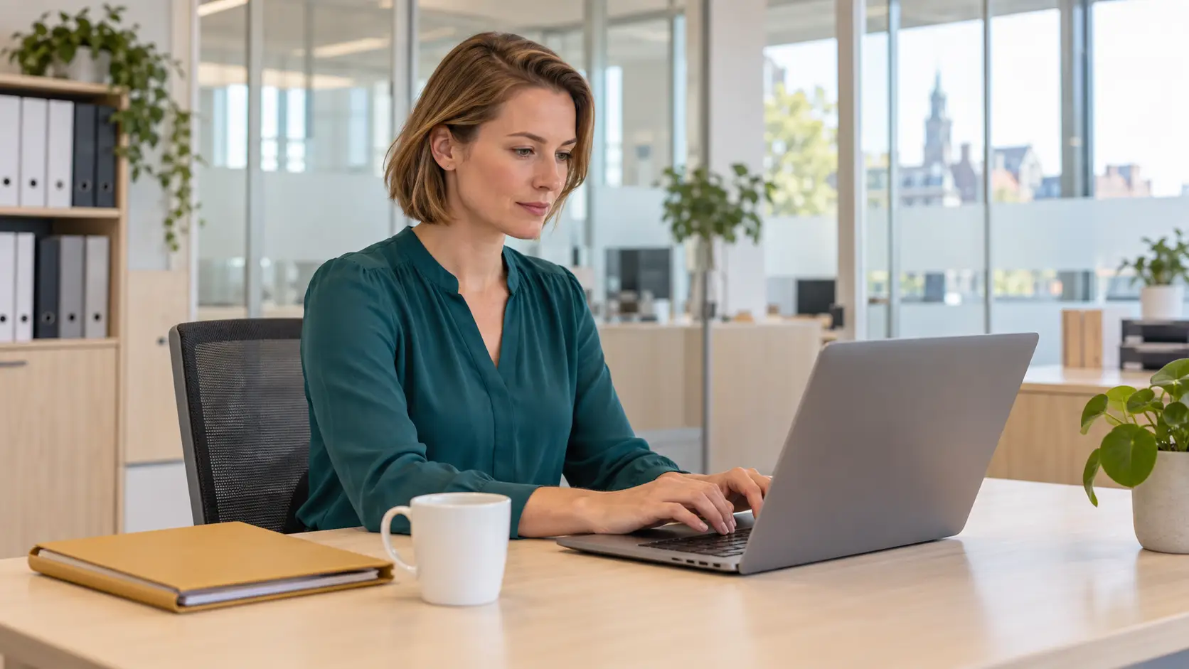 Vrouw aan een bureau in een kantoor typt een e-mail op haar laptop