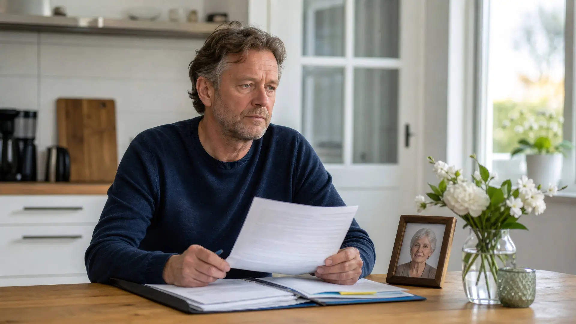 Man aan de keukentafel met documenten, naast een fotolijstje en witte bloemen
