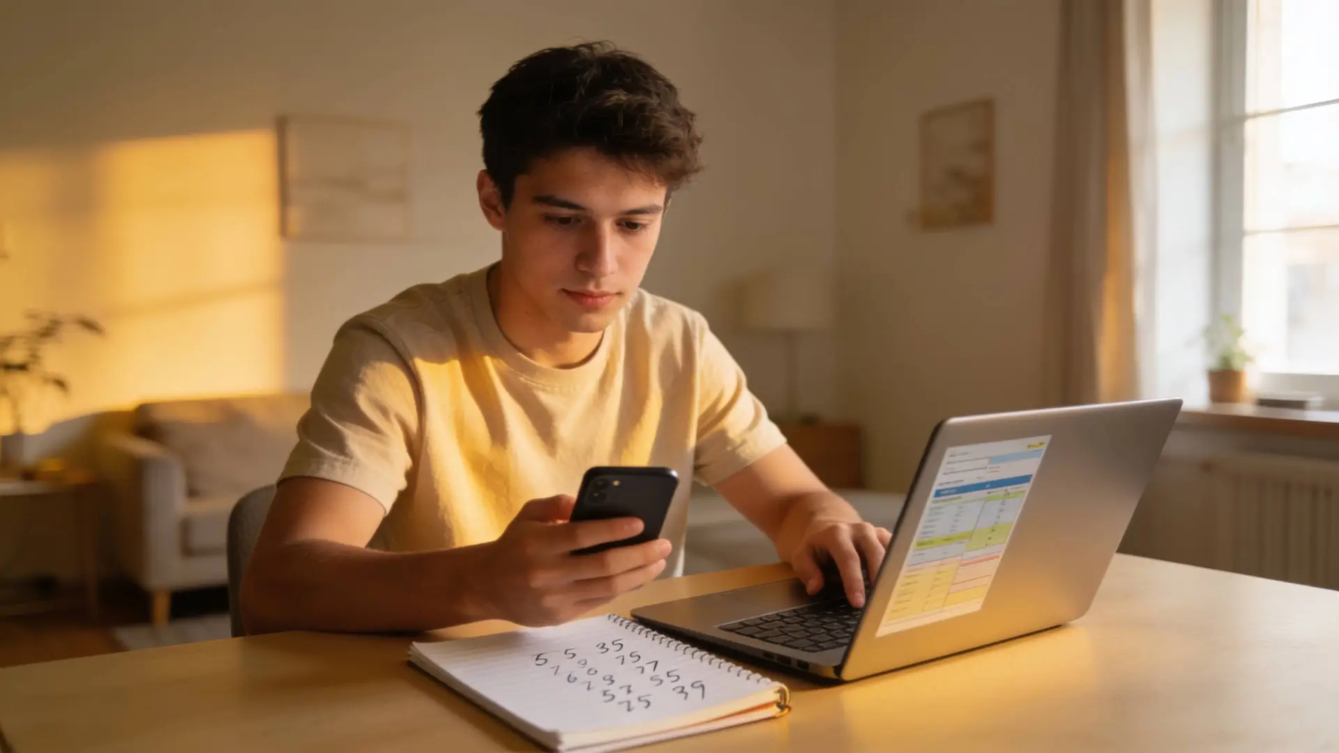 Jonge man vergelijkt abonnementen op zijn laptop, met zijn telefoon in de hand