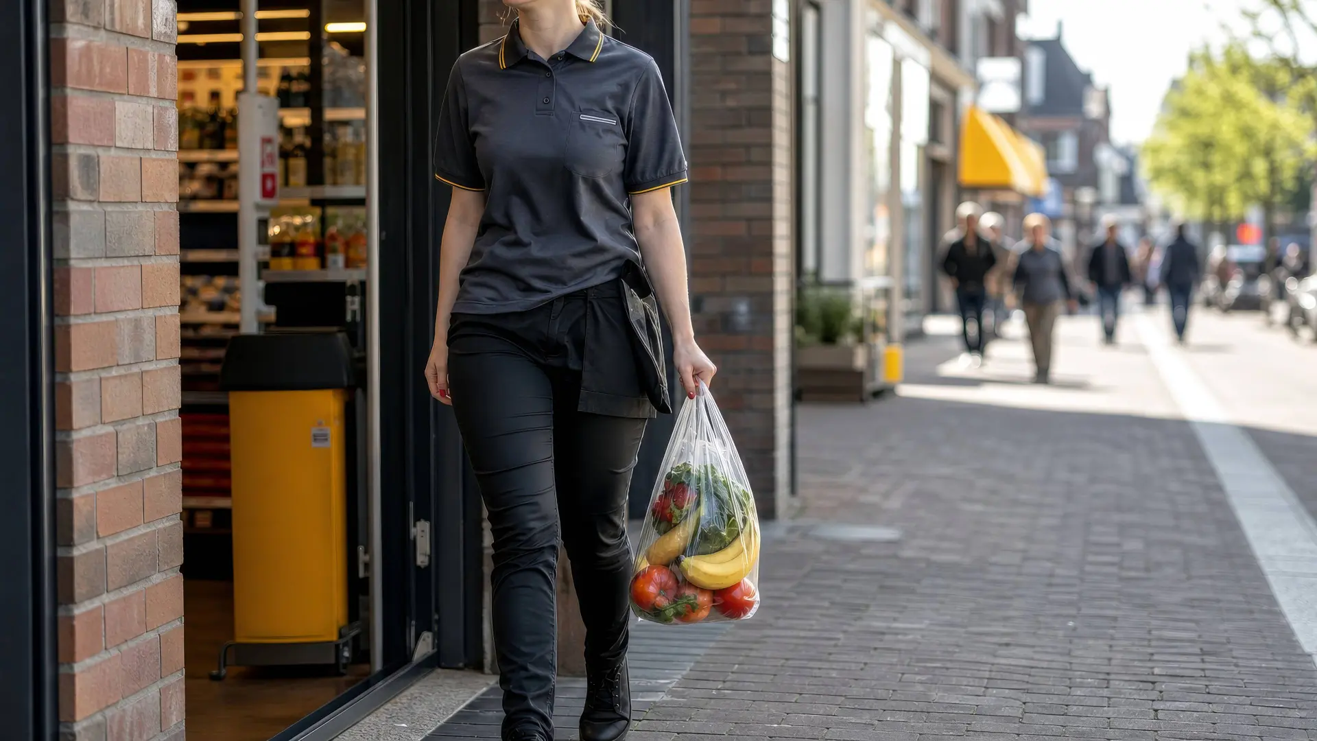 Illustratie van een werkende die na zijn dienst boodschappen doet.