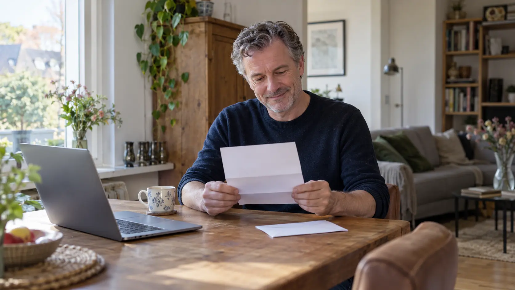 Man van middelbare leeftijd leest thuis aan tafel een brief, met een laptop en een kop thee naast zich.